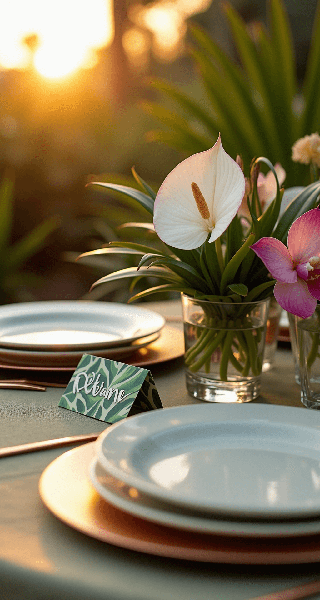 Tropical Wedding Flowers: Your Ultimate Guide to Stunning Floral Designs Close-up of a tropical sweetheart table at sunset featuring a white anthurium and pink orchid arrangement in a clear geometric vase on a sage tablecloth, with rose gold place settings and hand-painted tropical leaf place cards, all softly backlit for a dreamy effect.