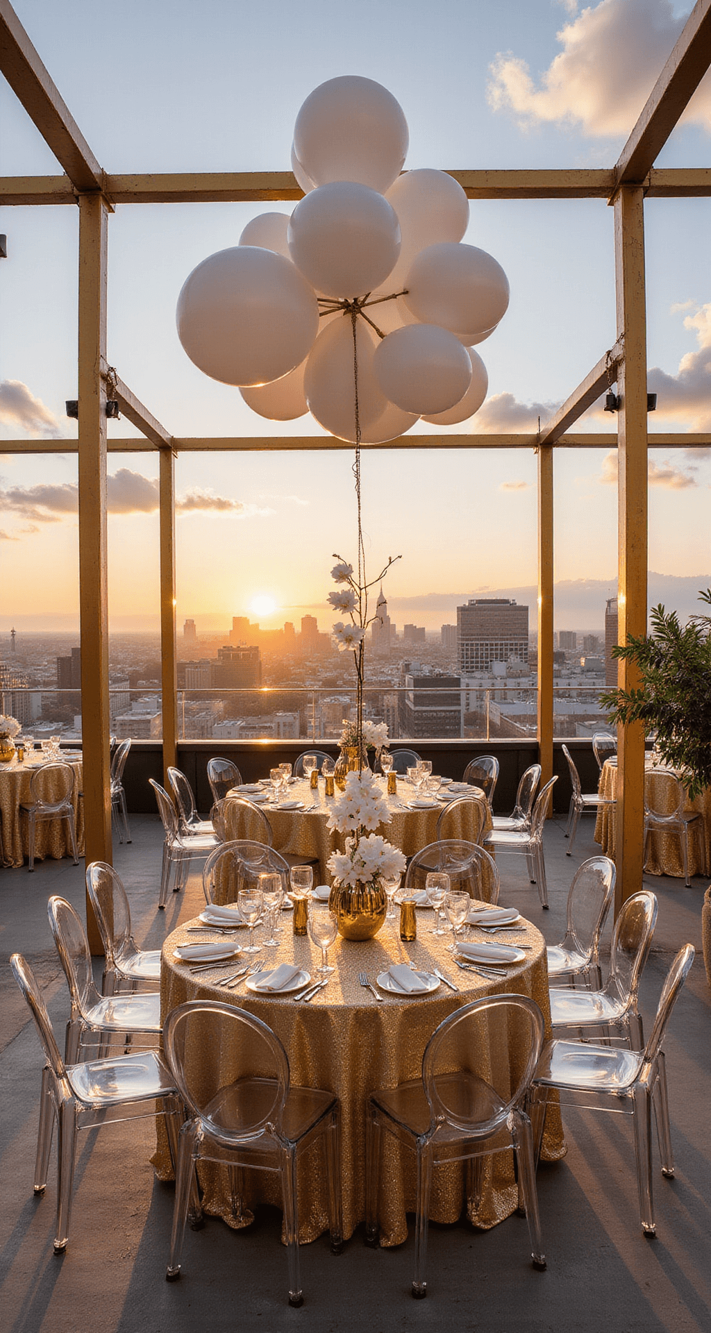 The Ultimate Guide to Celebrating a Golden 50th Wedding Anniversary A modern rooftop venue at sunset featuring metallic gold geometric installations, floating oversized white balloons, ghost chairs around sequined gold linen tables, and white orchid centerpieces; a champagne tower gleams under the cityscape backdrop.