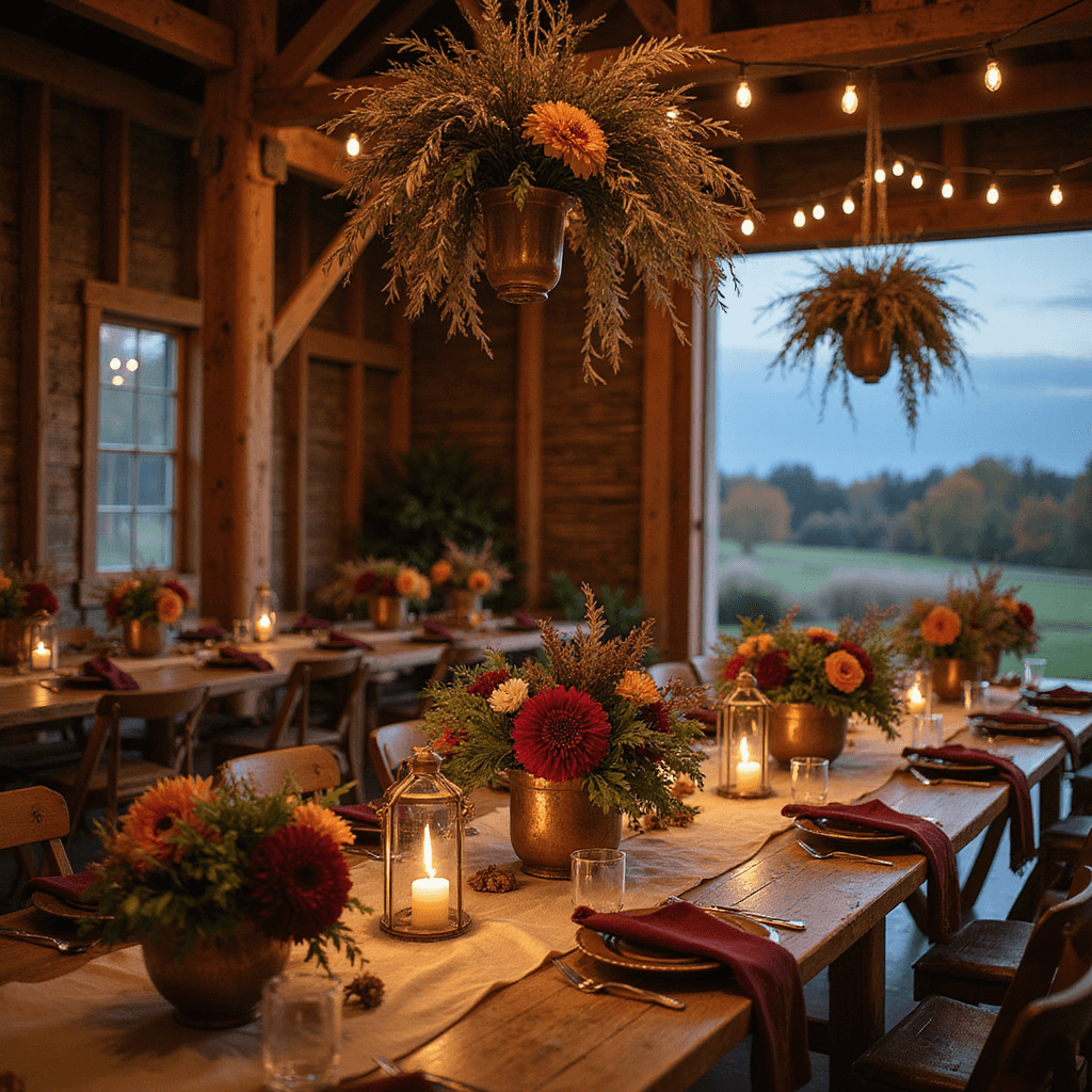 Wedding Table Decorations: Ultimate Guide to Stunning Tablescapes A rustic autumn barn wedding at blue hour with wooden farm tables, tan runners, burgundy velvet napkins, brass lanterns, copper vessels, dahlias, ranunculus, fall foliage, and hanging dried grass installations with amber uplighting.