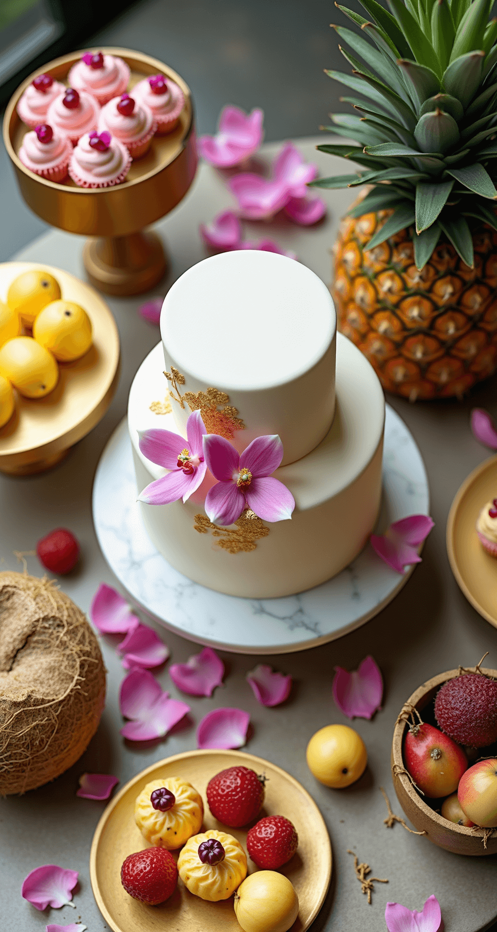Tropical Wedding Flowers: Your Ultimate Guide to Stunning Floral Designs Overhead view of a tropical dessert station featuring a three-tiered white wedding cake with orchids and gold monstera leaves, surrounded by colorful petit fours, fruits on gold platforms, fresh pineapples, coconuts, and scattered pink bougainvillea petals, all in bright natural light.