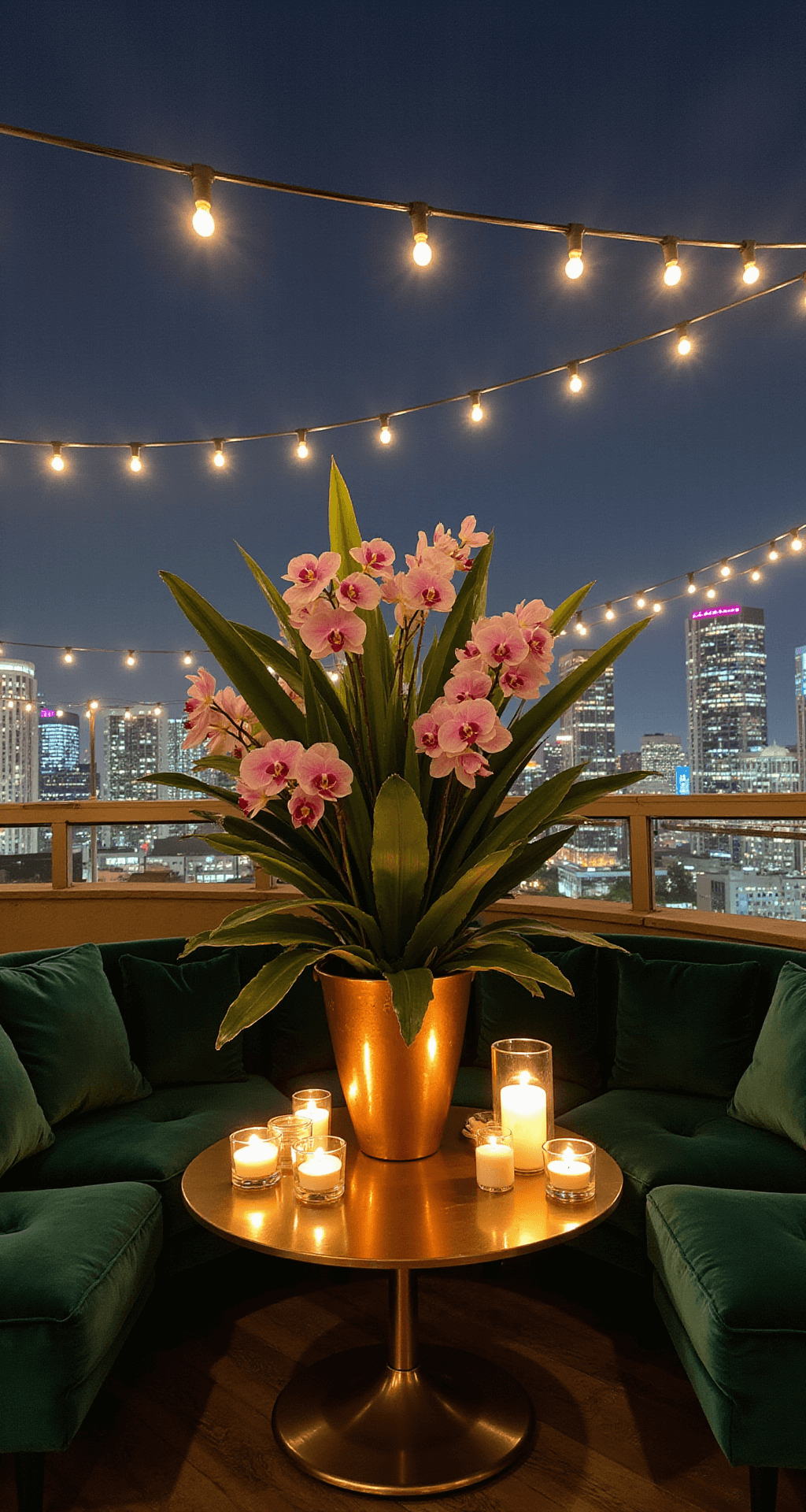 Tropical Wedding Flowers: Your Ultimate Guide to Stunning Floral Designs Twilight rooftop lounge with luxe velvet seating in deep emerald, brass side tables adorned with potted orchids and votives, overhead string lights, and a large tropical arrangement in a copper vessel, all set against a backdrop of city lights, captured with long exposure.