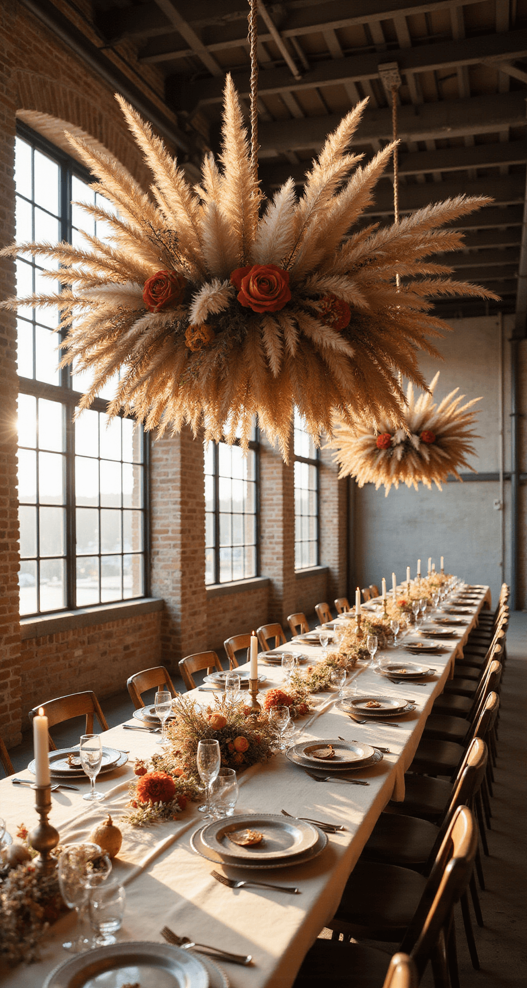 Dried Flower Wedding: 7 Stunning Ways to Infuse Timeless Romance Into Your Big Day Sun-drenched industrial loft with brick walls and exposed beams, featuring a dried flower cloud installation, sunlight streaming through factory windows, and intimate farmhouse tables with rustic place settings during golden hour.