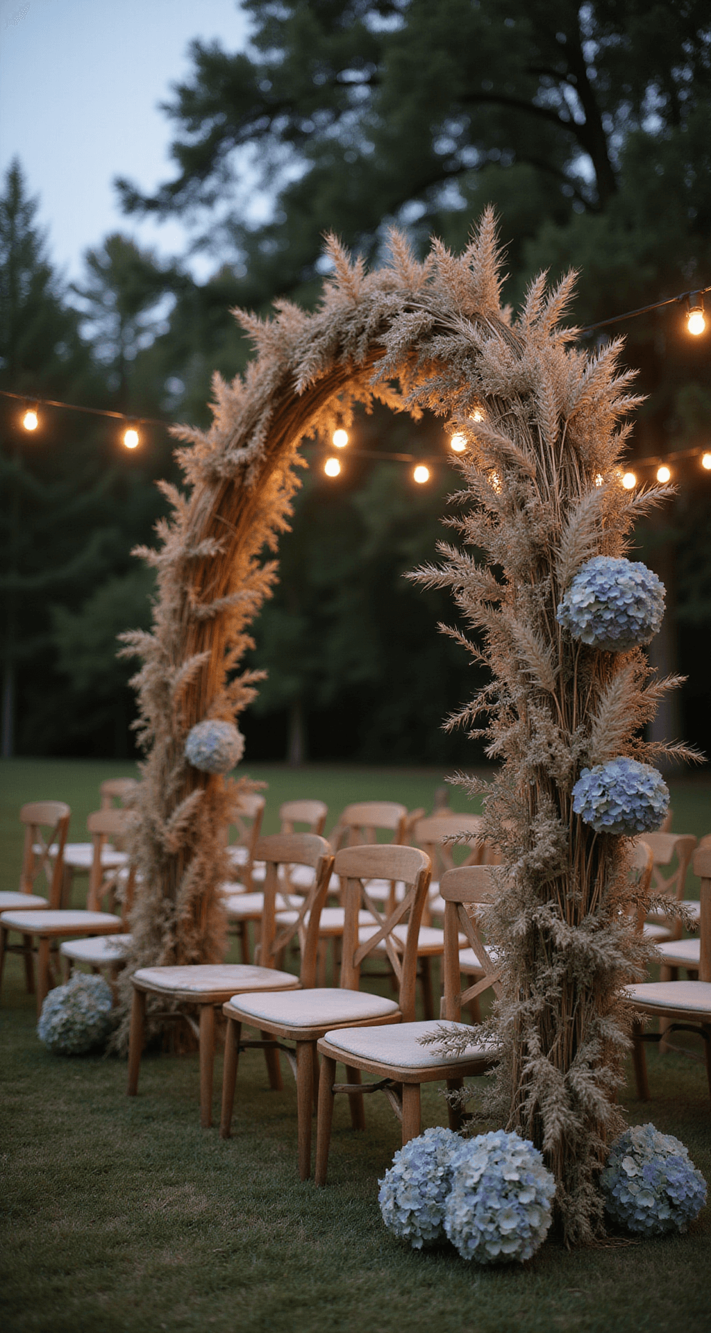 Dried Flower Wedding: 7 Stunning Ways to Infuse Timeless Romance Into Your Big Day Intimate outdoor garden ceremony at dusk featuring a crescent-shaped dried flower arch of lunaria, wheat stalks, and dried hydrangeas in silvery sage and lavender hues, with bistro lights overhead illuminating vintage wooden chairs arranged in a semicircle, framed by mature trees in a softly blurred background.