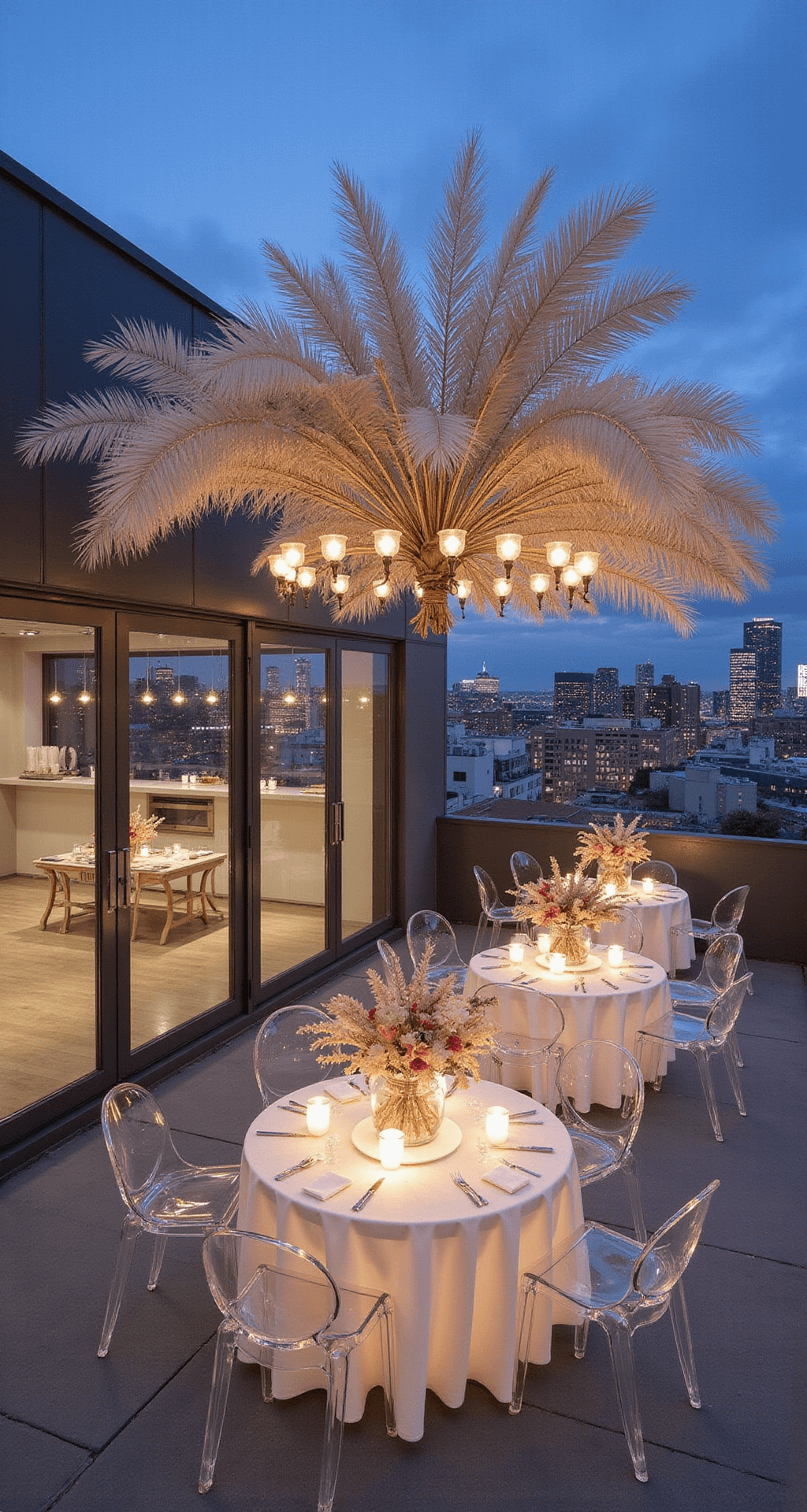 Dried Flower Wedding: 7 Stunning Ways to Infuse Timeless Romance Into Your Big Day Modern minimalist rooftop with a dramatic dried palm installation in bleached whites and natural tones, featuring floor-to-ceiling windows reflecting a cityscape at blue hour, pendant lights illuminating ghost chairs and lucite tables with architectural dried flower centerpieces, captured from an overhead drone shot showcasing geometric patterns and clean lines.