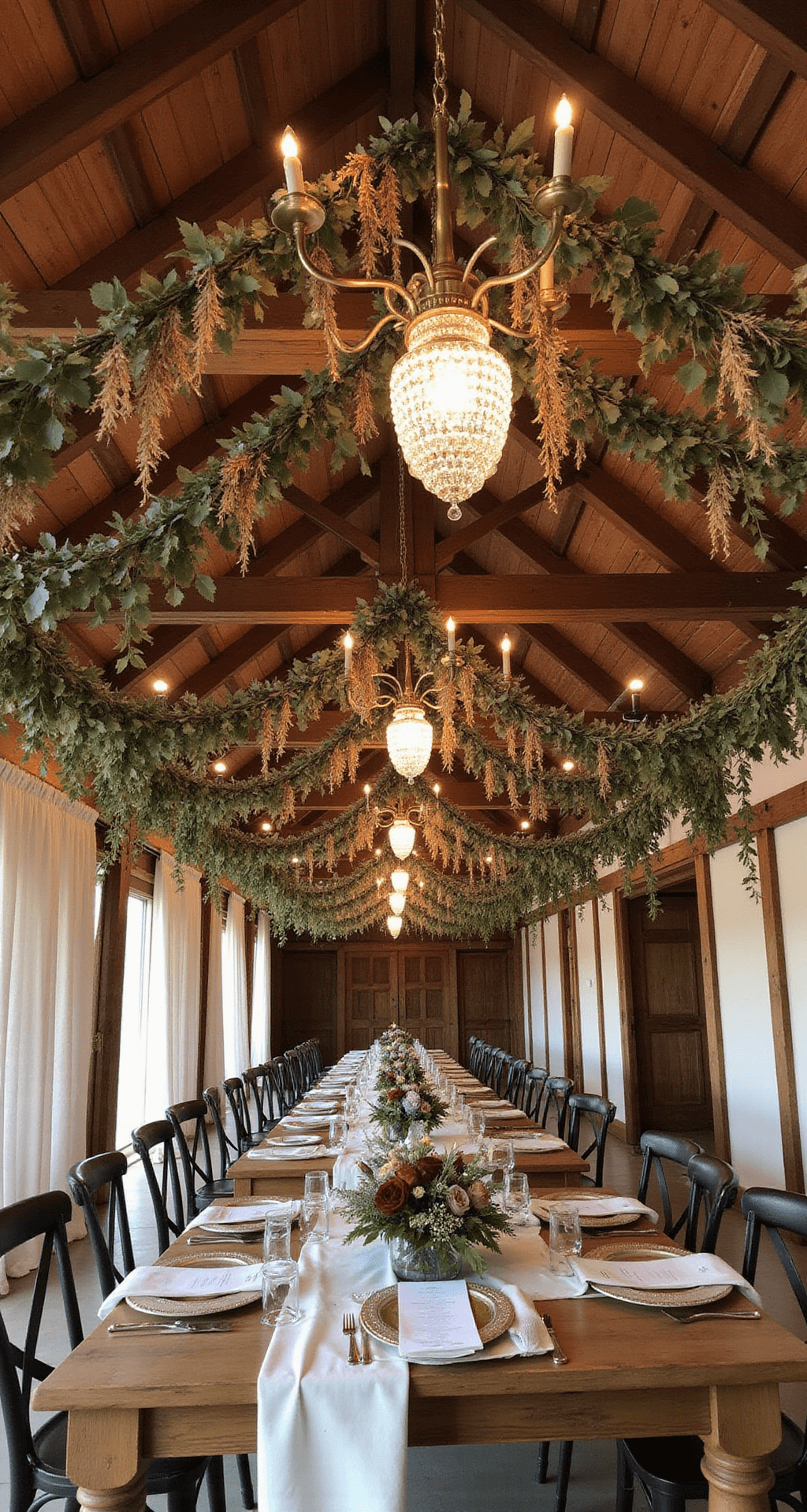 Dried Flower Wedding: 7 Stunning Ways to Infuse Timeless Romance Into Your Big Day Cozy barn interior featuring rustic wooden beams adorned with dried flower garlands in warm honey and burgundy tones, vintage crystal chandeliers illuminating farm tables with linen runners and brass candlesticks, captured from a low angle to highlight the ceiling height and decorative details.