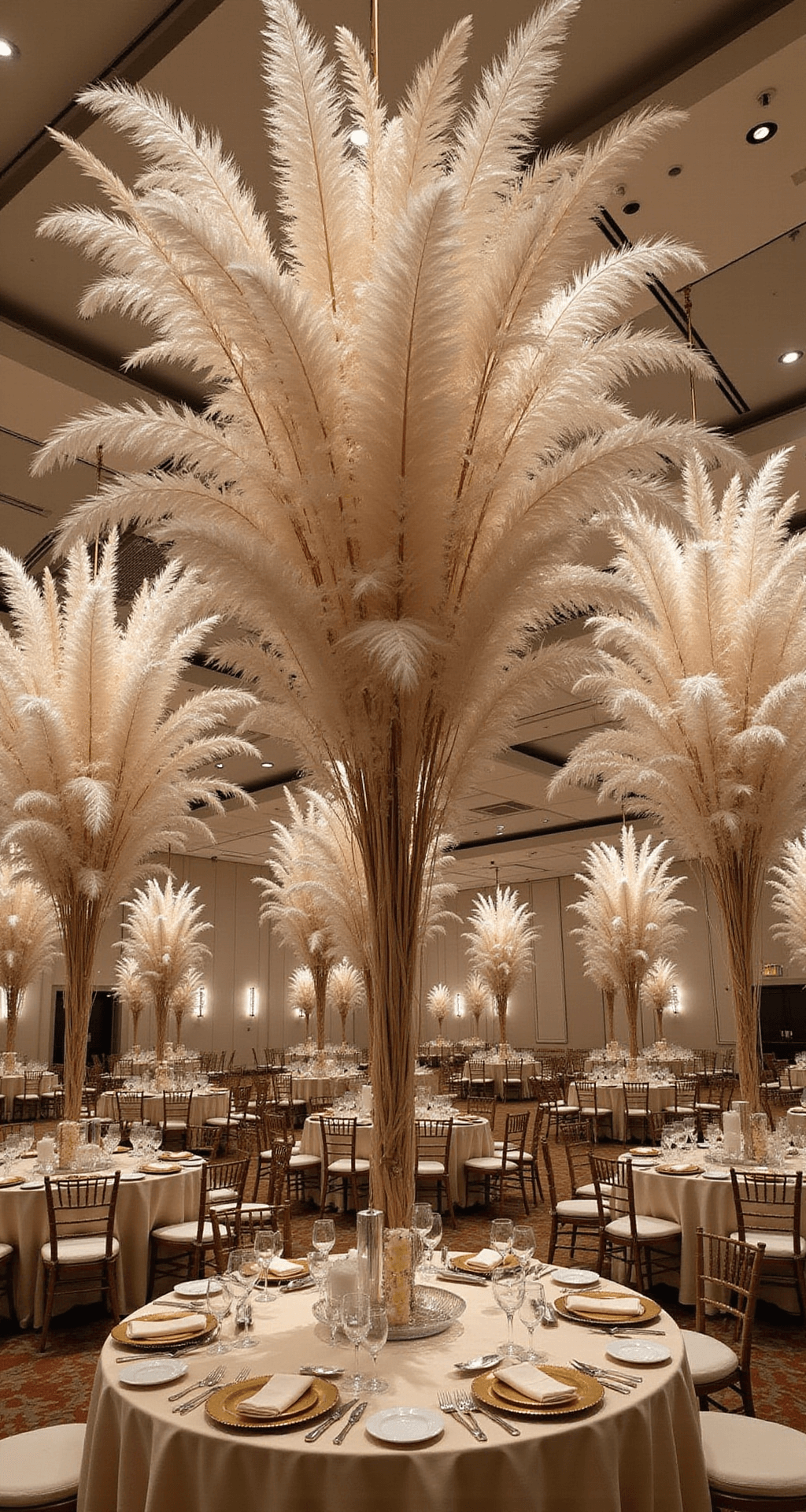 Dried Flower Wedding: 7 Stunning Ways to Infuse Timeless Romance Into Your Big Day A luxurious hotel ballroom adorned with towering dried flower arrangements of bleached peacock feathers, pampas grass, and preserved magnolia leaves in champagne and ivory tones, illuminated by crystal chandeliers. Round tables dressed in champagne silk with gold-rimmed place settings showcase the grandeur of the event.