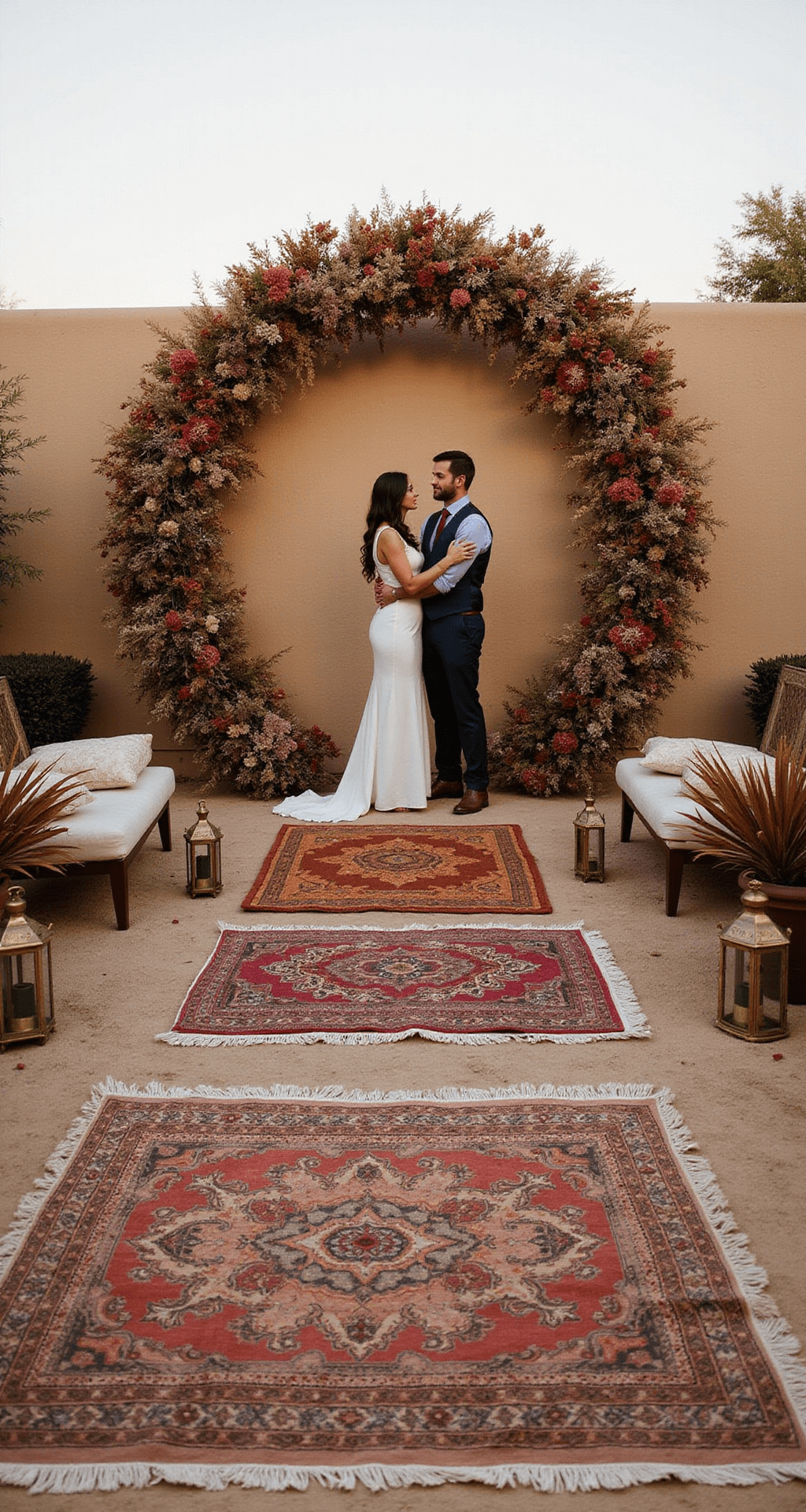 Dried Flower Wedding: 7 Stunning Ways to Infuse Timeless Romance Into Your Big Day A bohemian backyard micro-wedding setup at sunset, featuring a circular dried flower mandala backdrop in rust, terracotta, and sand tones, with low lounge seating on vintage Moroccan rugs, floor cushions, brass lanterns, and dried palm arrangements.