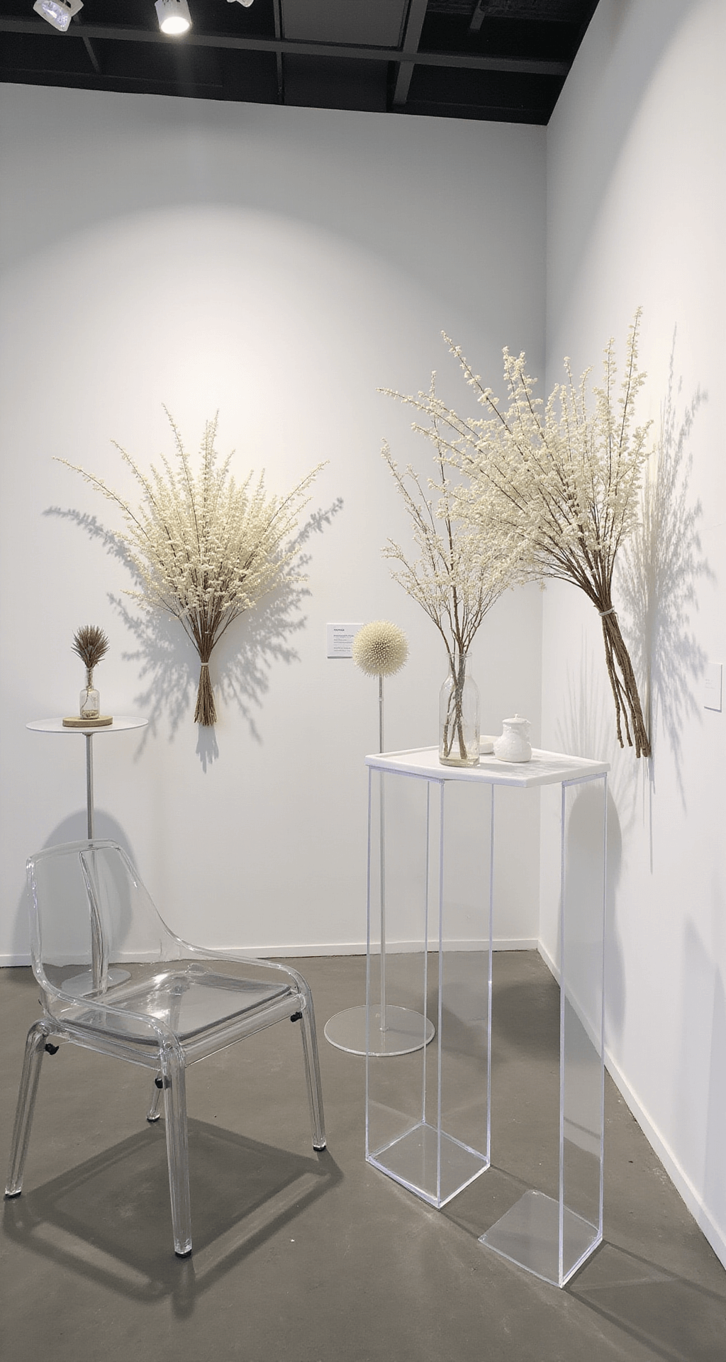 Dried Flower Wedding: 7 Stunning Ways to Infuse Timeless Romance Into Your Big Day A contemporary art gallery featuring minimalist dried flower installations in whites and creams, including preserved baby's breath clouds and bleached ferns, arranged in geometric patterns. Modern ghost chairs and lucite podiums enhance the clean aesthetic, with dramatic side lighting casting shadows.