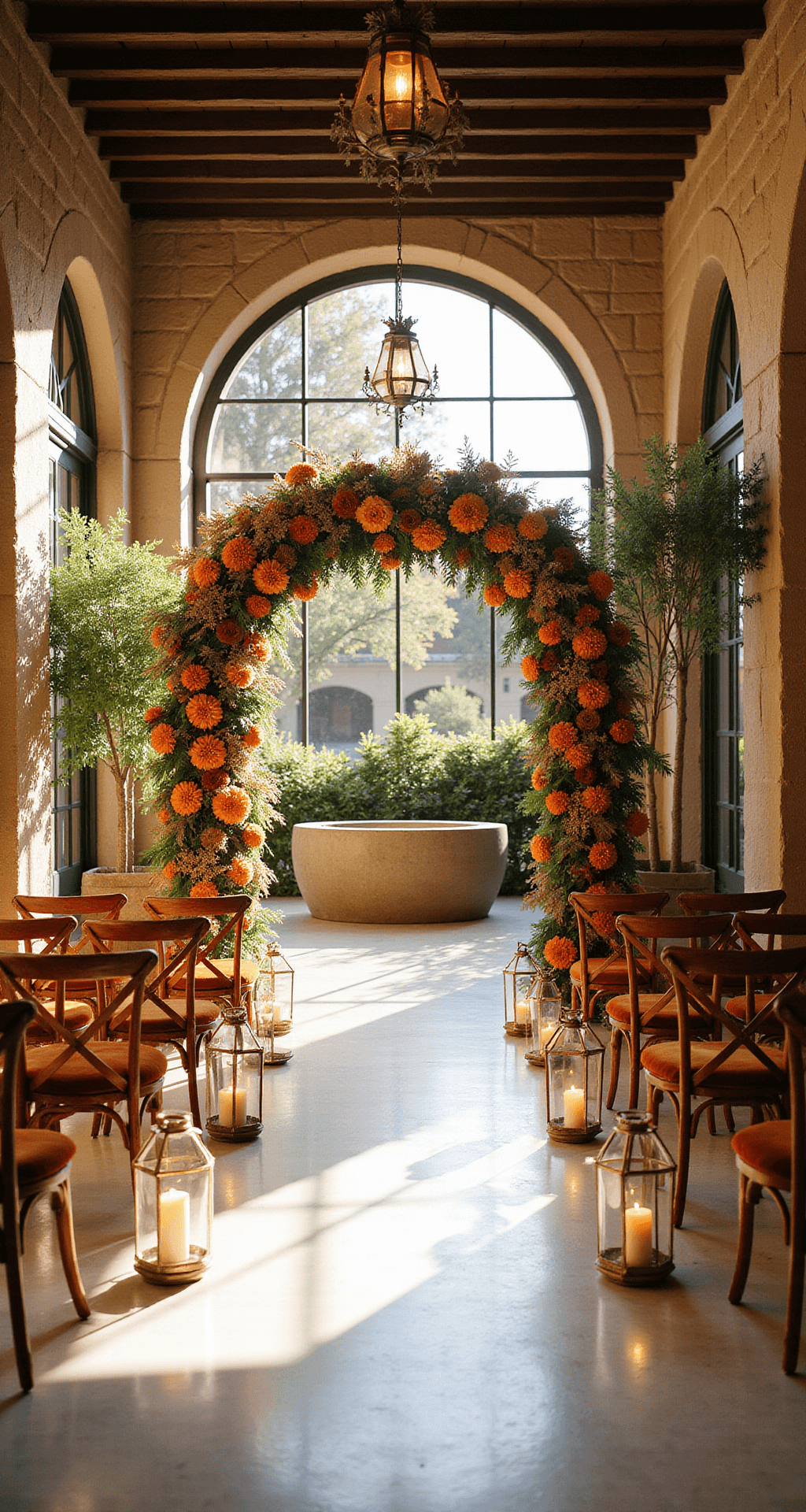 Terracotta Wedding Flowers: A Warm, Elegant Color Story for Your Big Day A romantic indoor courtyard wedding ceremony featuring soaring stone archways adorned with terracotta-hued dahlias and pampas grass, vintage brass lanterns lining the aisle with flickering candles, and cross-back wooden chairs with rust-colored velvet cushions, all bathed in warm natural light from floor-to-ceiling windows, with dramatic floral installations framing the altar.