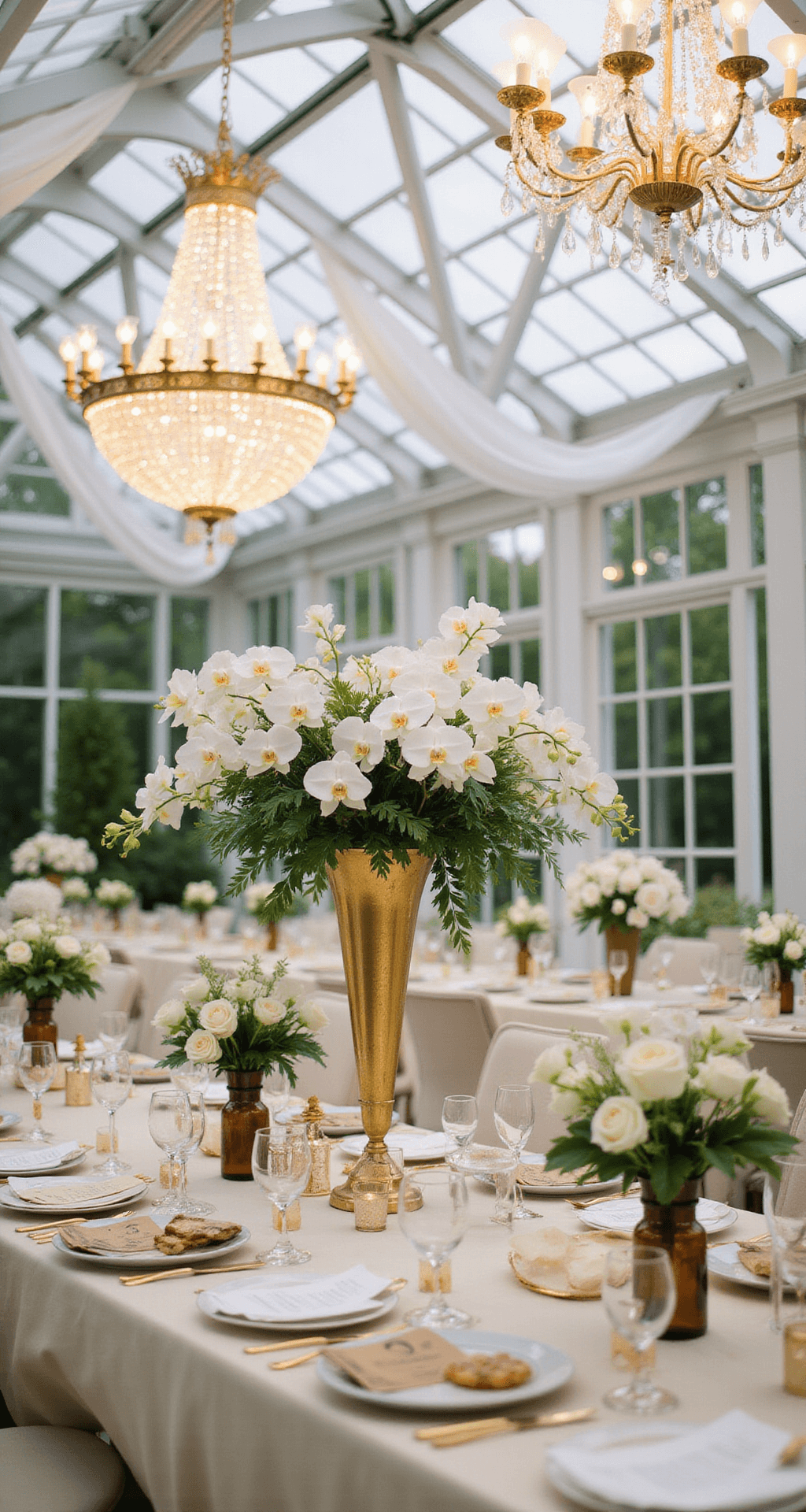 The Ultimate Guide to Celebrating a Golden 50th Wedding Anniversary An elegantly lit conservatory with chandeliers draped in fabric, tables with golden vases of white orchids and gold monstera leaves, and framed vintage love letters.
