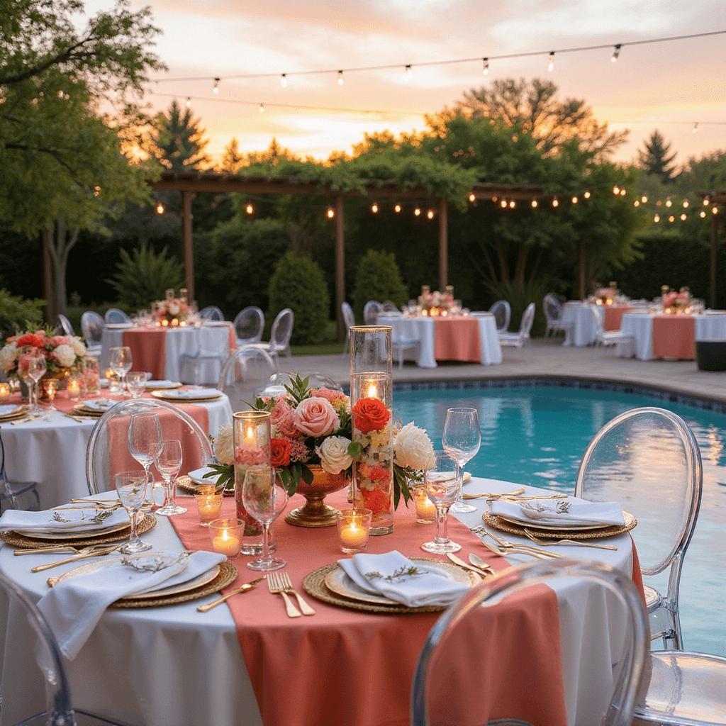 Wedding Table Decorations: Ultimate Guide to Stunning Tablescapes A sunset poolside summer party with modern lucite ghost chairs, tables adorned with coral silk overlays, submerged tropical flowers in tall glass cylinders, and low arrangements of garden roses. Rattan chargers and gold flatware enhance the setting, with string lights reflecting off the pool.