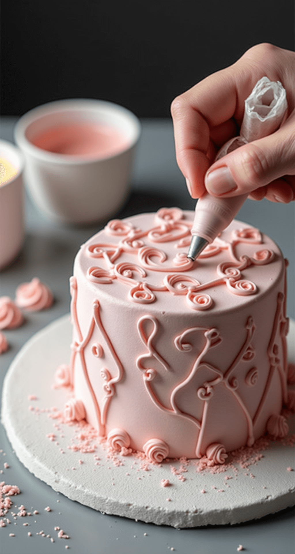 Princess Birthday Cake: The Ultimate Royal Dessert Guide Close-up of a princess cake being decorated on a turntable, with a baker piping soft pink buttercream patterns while sugar pearls and edible glitter adorn the dome-shaped cake. Decorative tools and pastel fondant enhance the background.