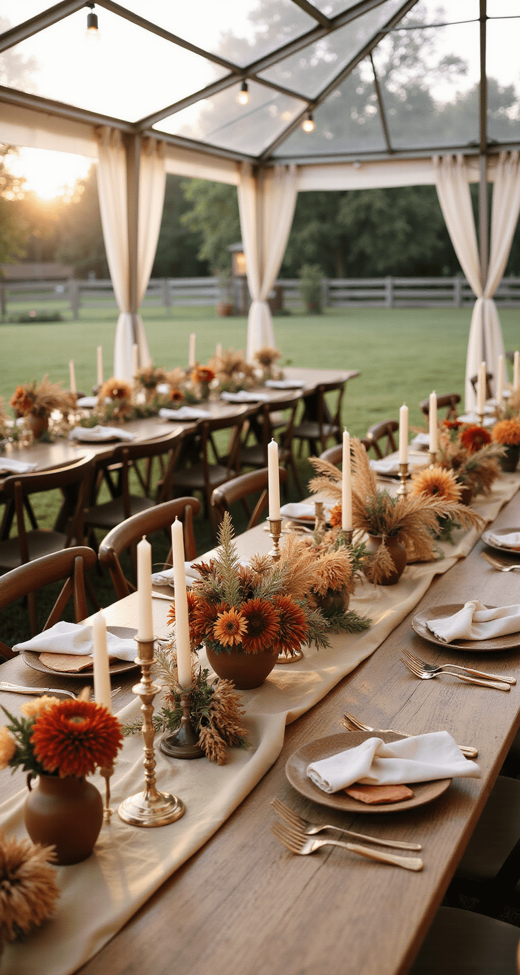 Terracotta Wedding Flowers: A Warm, Elegant Color Story for Your Big Day Intimate farm table reception under a clear-top tent at golden hour, featuring long wooden tables with raw silk runners, organic centerpieces of rust-colored dahlias and pampas grass in terracotta vessels, vintage brass candlesticks, handmade ceramic plates, and copper flatware, all captured from an elevated angle showcasing natural light filtering through the tent.