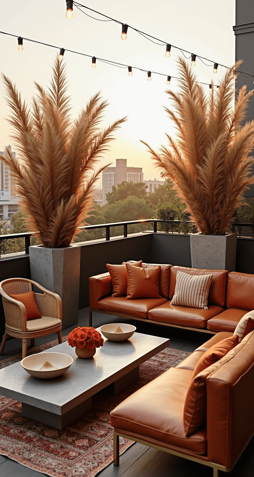 Terracotta Wedding Flowers: A Warm, Elegant Color Story for Your Big Day Modern rooftop cocktail hour setup at sunset with cognac leather sofas, woven rattan chairs, brass-trimmed coffee tables, and dramatic floral arrangements in concrete planters; terracotta throw pillows and Moroccan rugs add texture under market lights casting a warm glow, all framed by city views in the golden light.
