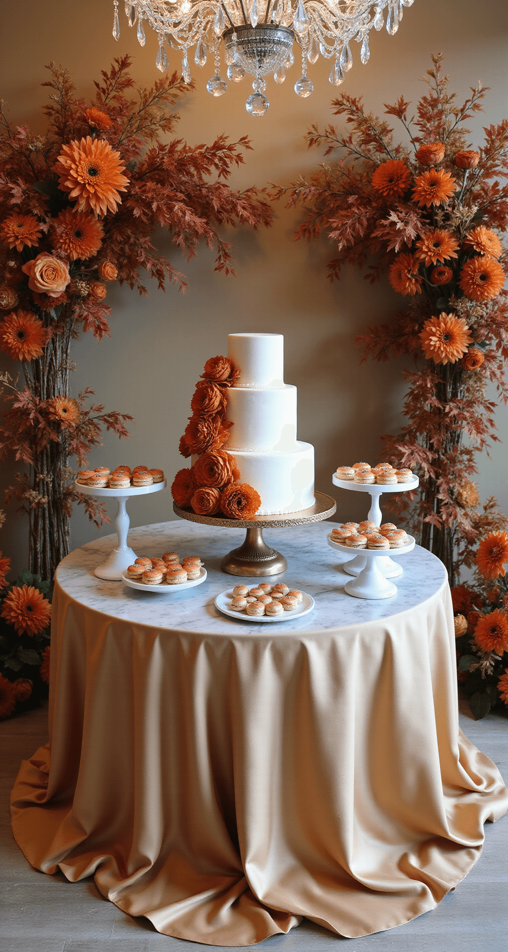 Terracotta Wedding Flowers: A Warm, Elegant Color Story for Your Big Day Luxe indoor ballroom dessert display featuring a round marble-topped table draped in champagne silk, a three-tier white wedding cake adorned with terracotta-colored sugar flowers, and surrounding pedestals with petit fours and macarons in sunset hues, framed by lush floral arrangements of rust-colored dahlias, toffee roses, and copper-painted eucalyptus, all illuminated by crystal chandeliers.
