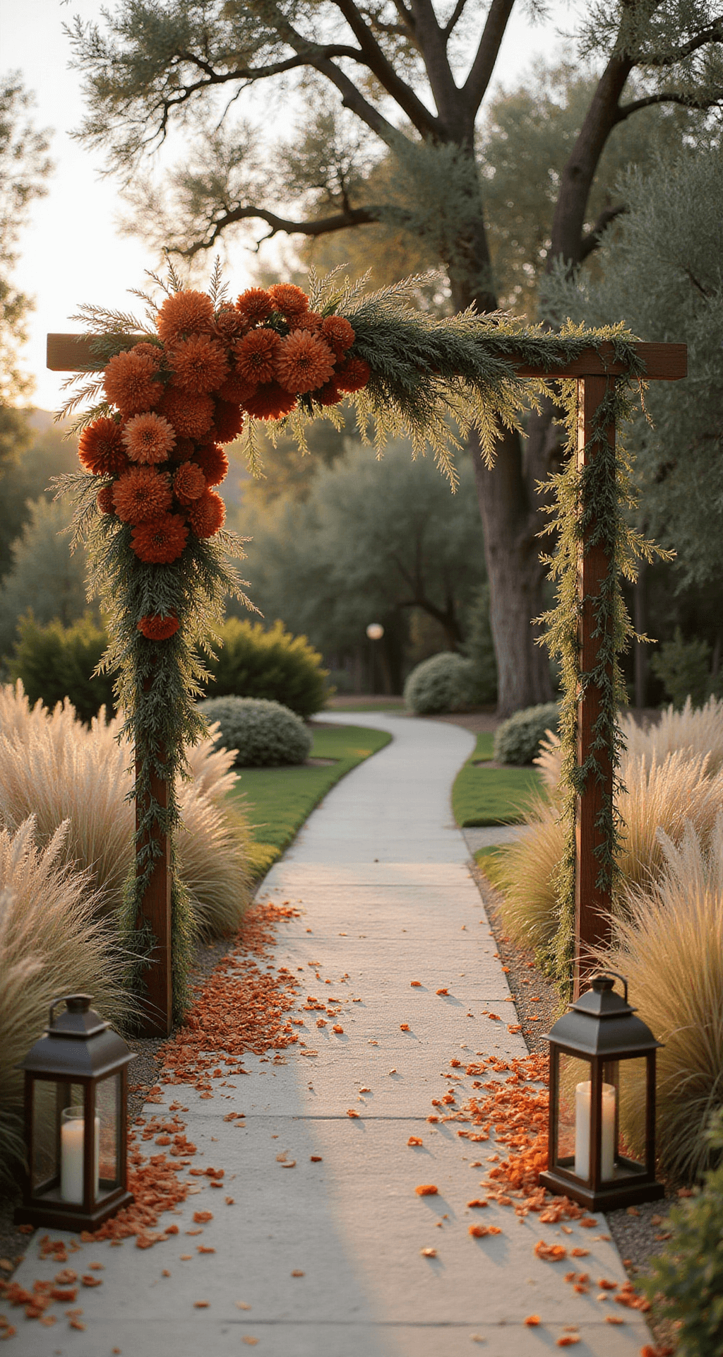 Terracotta Wedding Flowers: A Warm, Elegant Color Story for Your Big Day Asymmetrical floral arch at sunset made of terracotta dahlias, rust-colored ranunculus, and pampas grass, with a vintage-inspired aisle lined with copper lanterns and ombré petals, framed by mature olive trees in golden light.