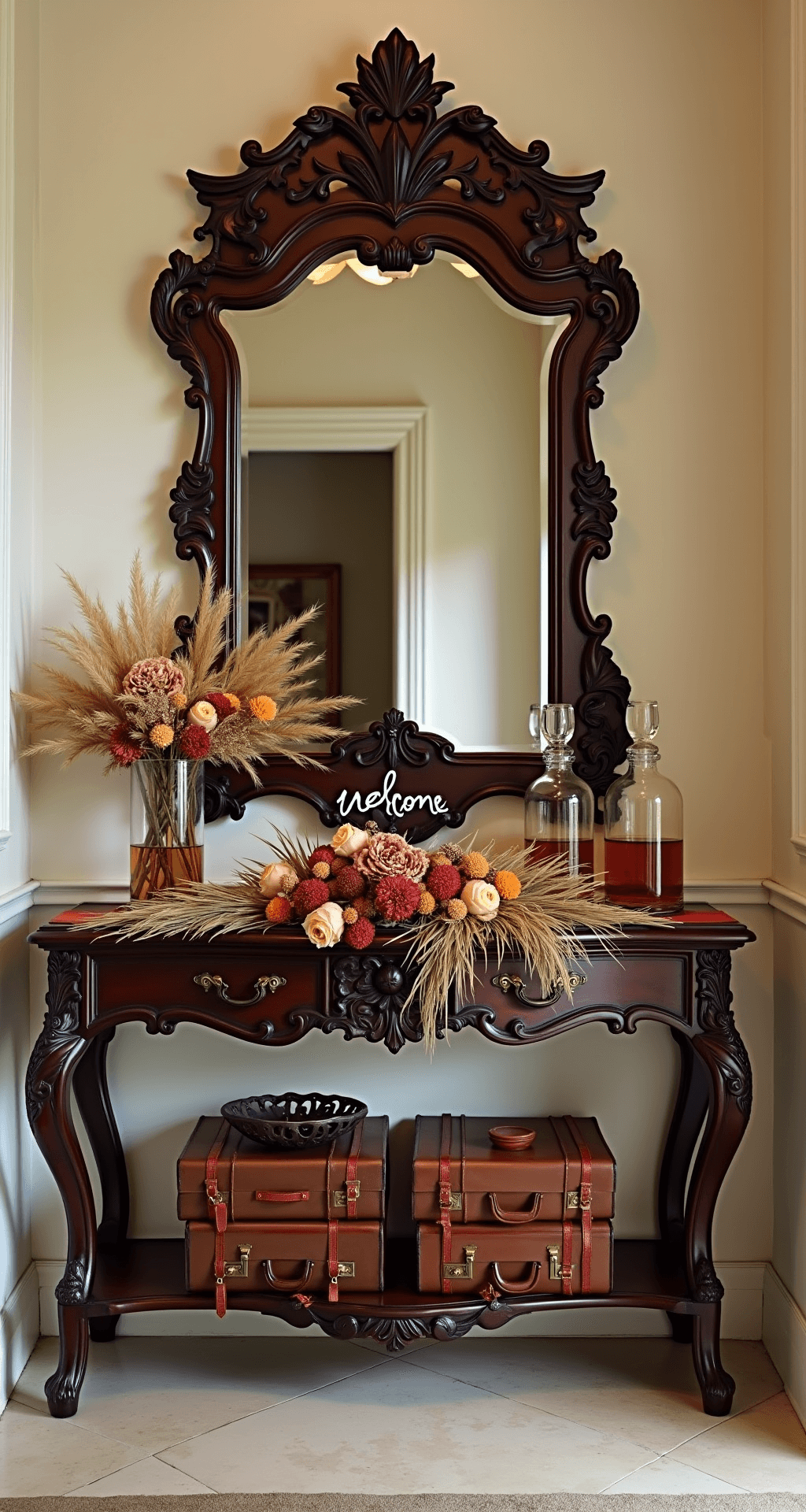 Terracotta Wedding Flowers: A Warm, Elegant Color Story for Your Big Day Antique console table in a mansion foyer adorned with a dramatic floral runner, featuring copper-toned roses and rust dahlias, alongside a vintage mirror with a hand-lettered welcome sign. Stacked vintage leather suitcases and crystal decanters with amber spirits complete the elegant display, capturing the grandeur of the entrance.