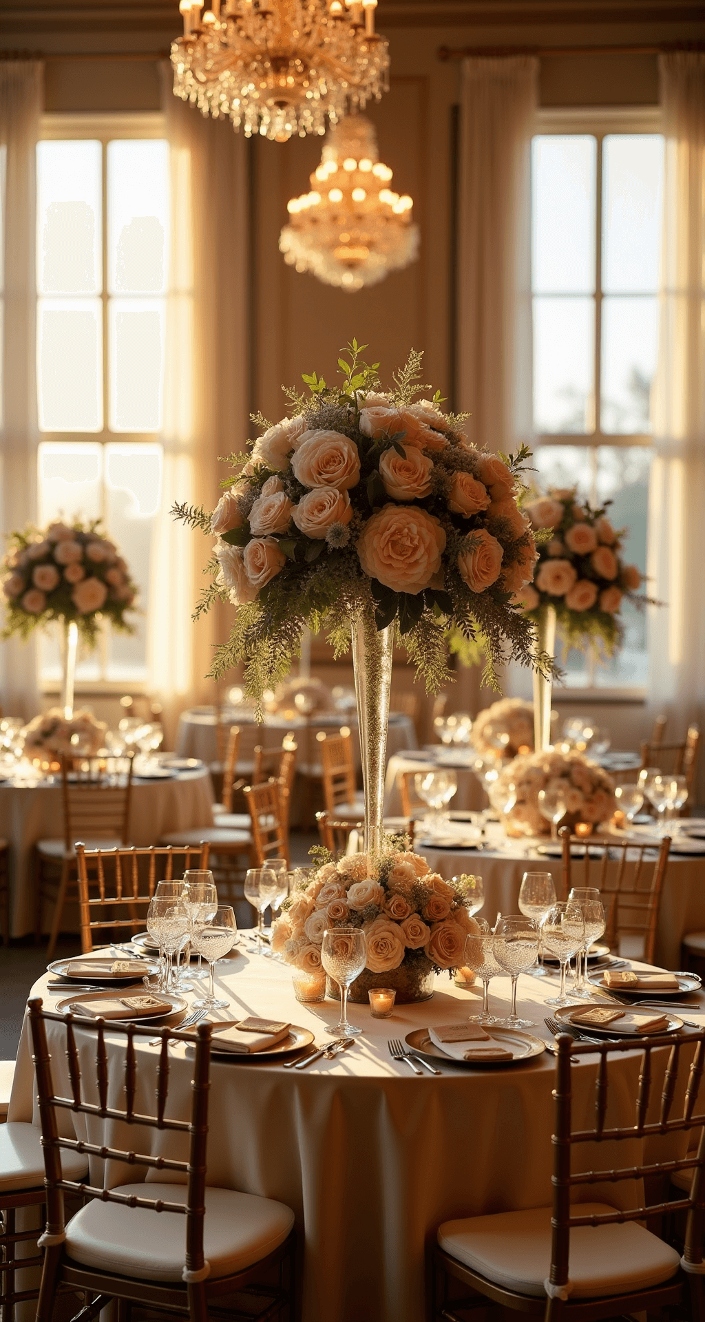 Champagne Wedding Flowers: Your Ultimate to Romantic Elegance A grand ballroom wedding reception during golden hour, featuring round tables with cascading champagne-toned floral arrangements, crystal chandeliers, and gilt Chiavari chairs, all beautifully illuminated by warm light through large windows.