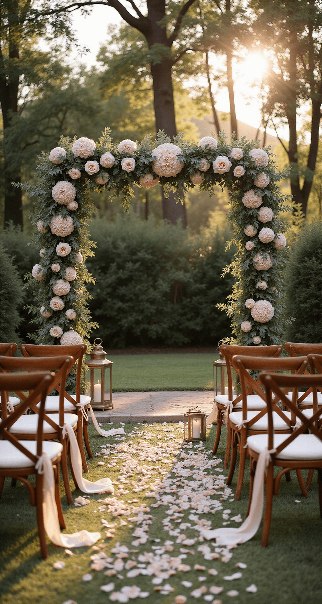 Champagne Wedding Flowers: Your Ultimate to Romantic Elegance Intimate garden ceremony setup at sunset, featuring wooden cross-back chairs along a rose petal aisle, a floral arch of champagne hydrangeas and garden roses, vintage brass lanterns with candles, and fluttering champagne silk ribbons, all bathed in golden backlight.