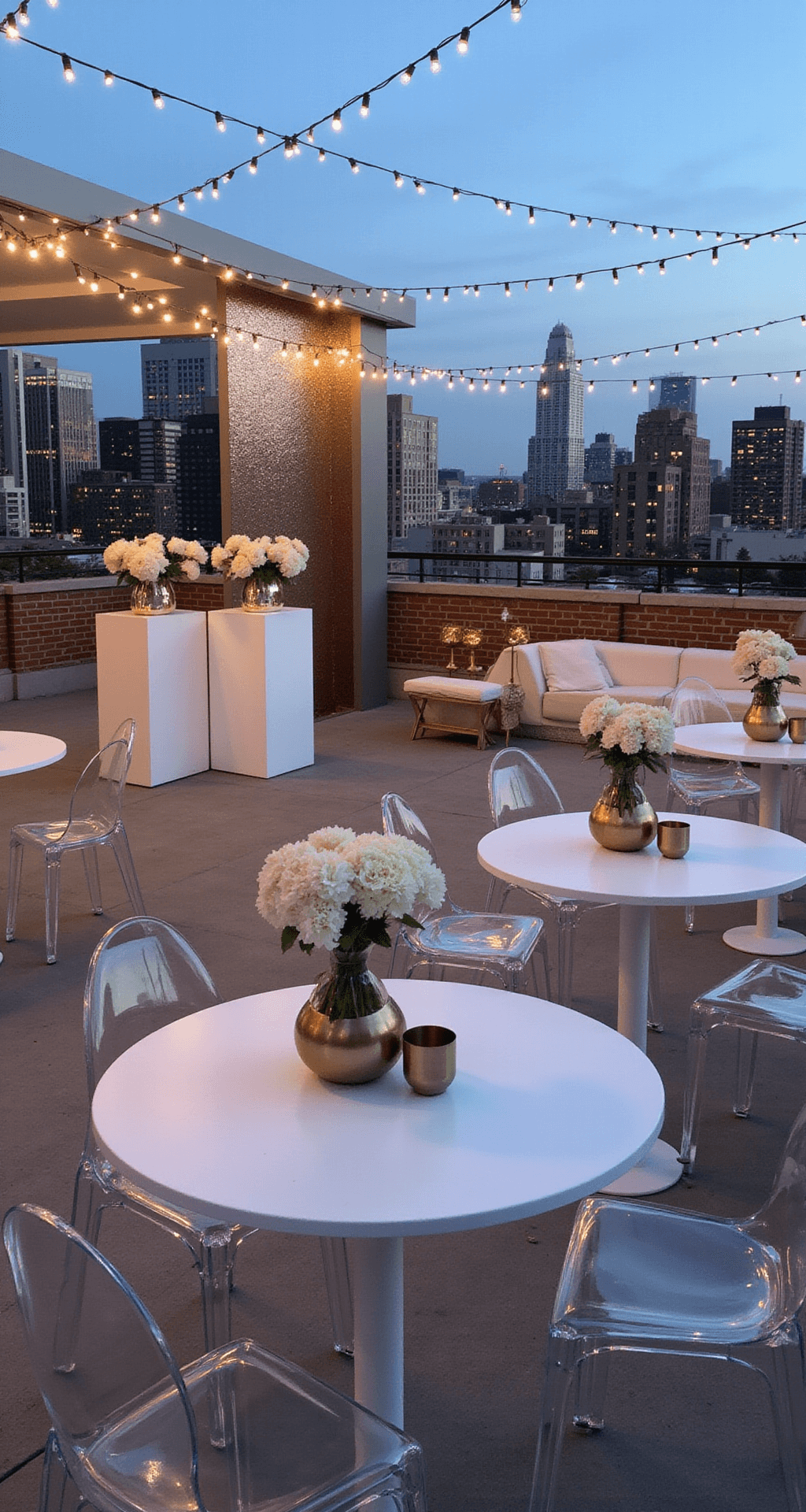 Champagne Wedding Flowers: Your Ultimate to Romantic Elegance A modern rooftop cocktail reception at twilight with sleek white high-top tables adorned with champagne ranunculus in metallic geometric vessels. A champagne sequin backdrop highlights the city skyline, while acrylic ghost chairs and brass accent furniture add contemporary elegance. The low-angle shot captures the ambient lighting and urban setting.