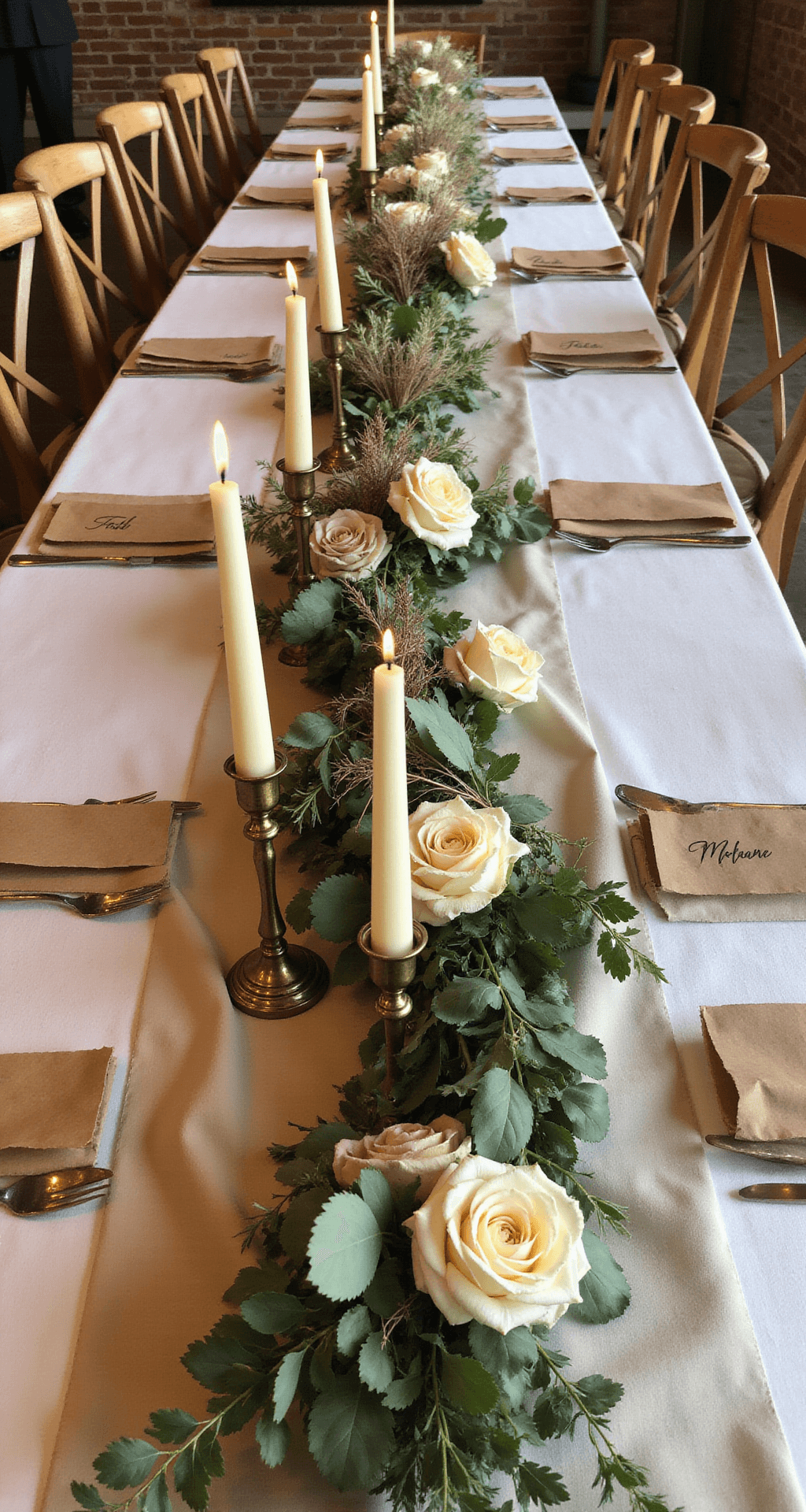 Champagne Wedding Flowers: Your Ultimate to Romantic Elegance A rustic barn wedding dinner setup featuring long farm tables with champagne runners, lush organic centerpiece garlands of champagne roses and dried elements, vintage brass candlesticks with cream tapers, wooden cross-back chairs, and kraft paper place cards, all captured at table level to emphasize layered textures.