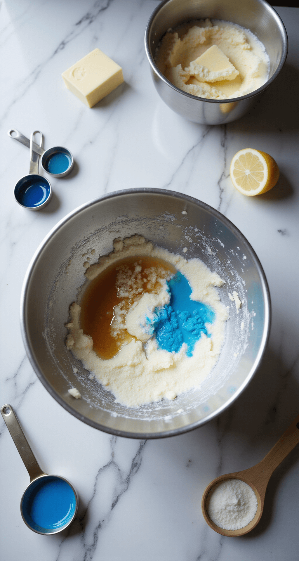 BLUE BIRTHDAY CAKE: A SHOW-STOPPING CELEBRATION CENTERPIECE Cinematic overhead view of a marble countertop featuring a stainless steel bowl with creamy butter and sugar being mixed, accented by wisps of vanilla extract and blue gel food coloring, surrounded by professional measuring tools and ingredients.