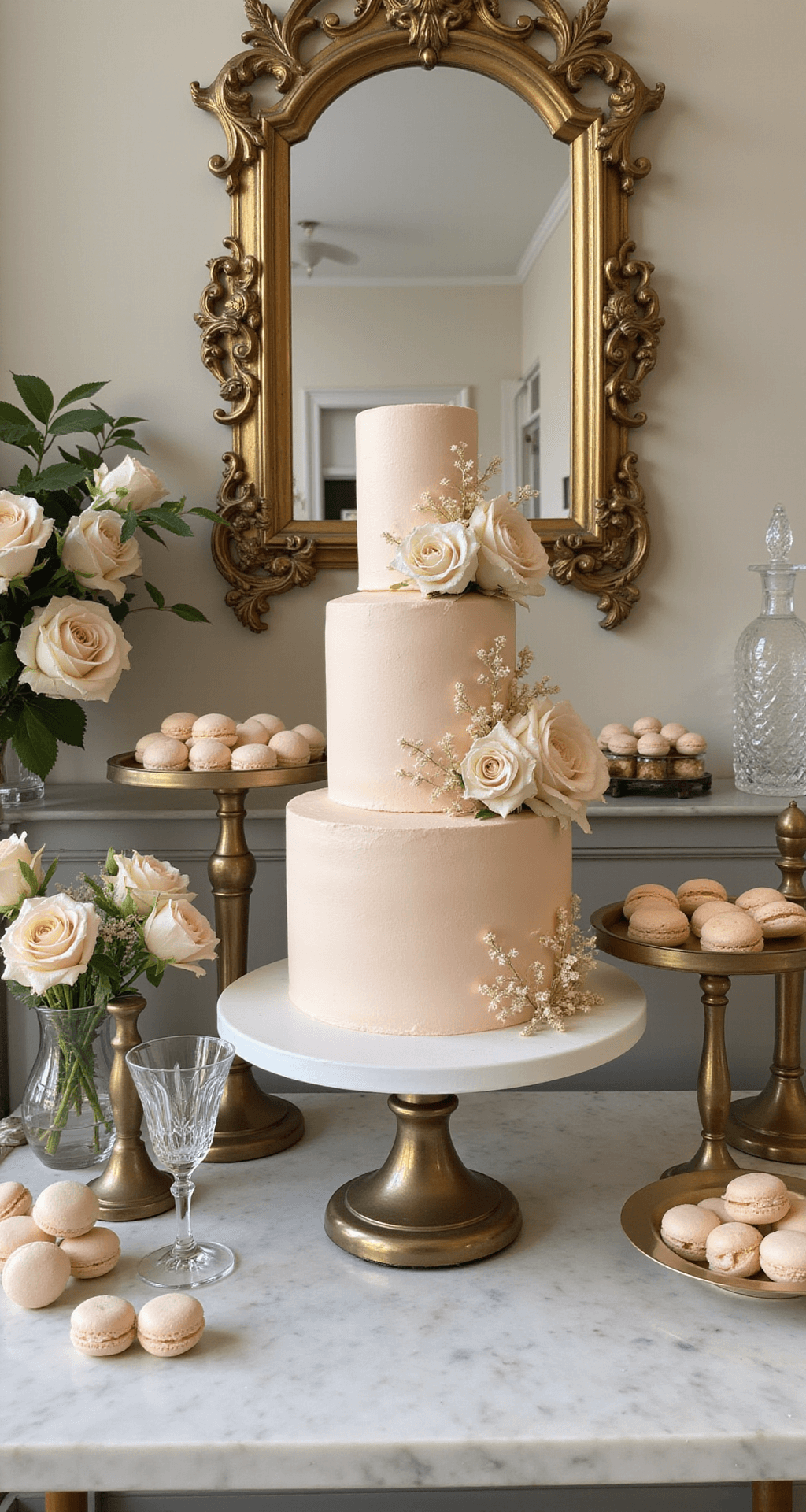 Champagne Wedding Flowers: Your Ultimate to Romantic Elegance A luxurious dessert display featuring a tiered champagne-colored cake adorned with sugar flowers, surrounded by vintage brass stands with macarons and petit fours, accented by fresh champagne garden roses and ranunculus, with crystal decanters and champagne coupes in the background, photographed straight-on with a shallow depth of field highlighting the cake details.