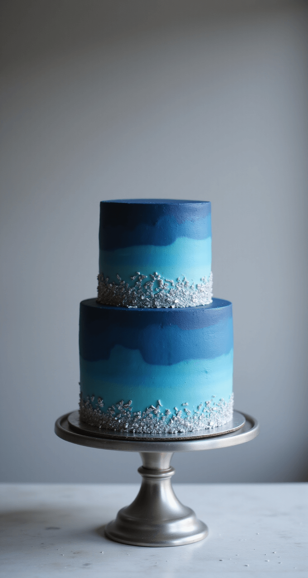 BLUE BIRTHDAY CAKE: A SHOW-STOPPING CELEBRATION CENTERPIECE Dramatic close-up of a two-tiered blue celebration cake with ombré frosting, silver leaf accents, and pearlescent sprinkles on a silver stand.