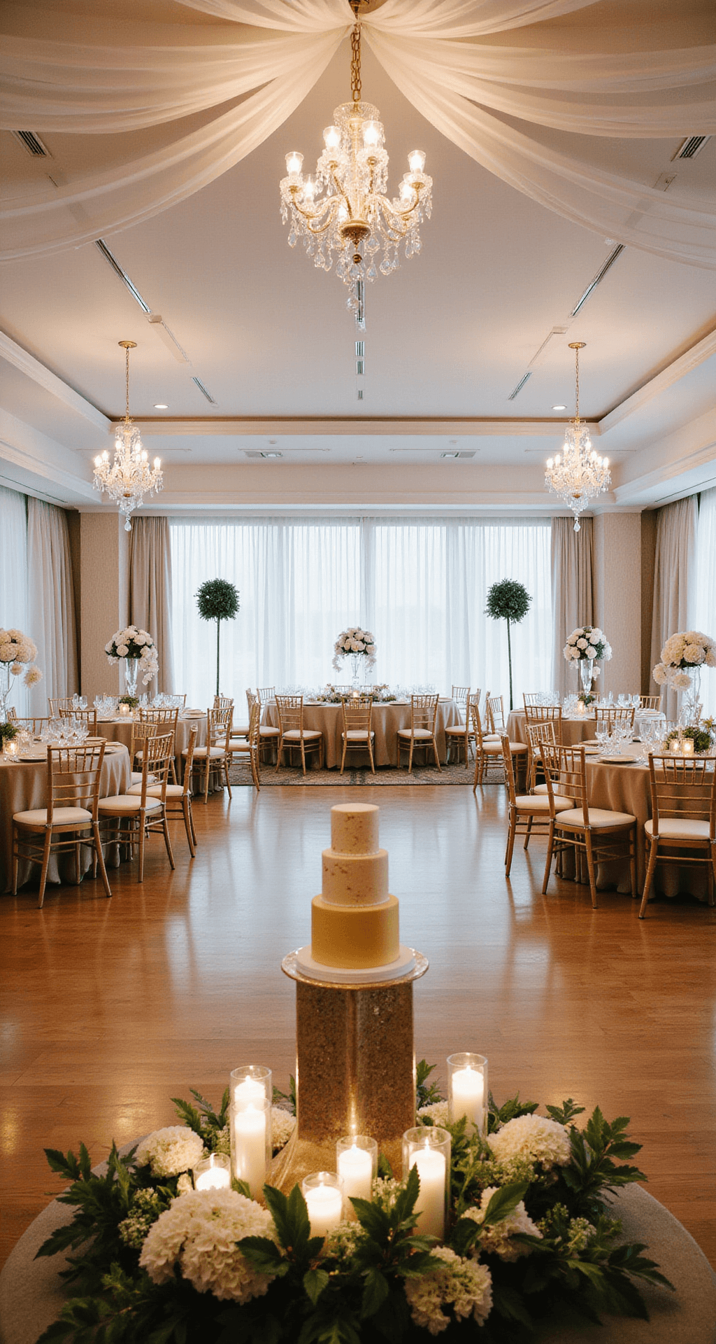 The Ultimate Guide to Celebrating a Golden 50th Wedding Anniversary A luxurious hotel ballroom with white draping, champagne linens, gold chiavari chairs, crystal candelabras, white hydrangeas, gold leaves, and a golden anniversary cake on display.