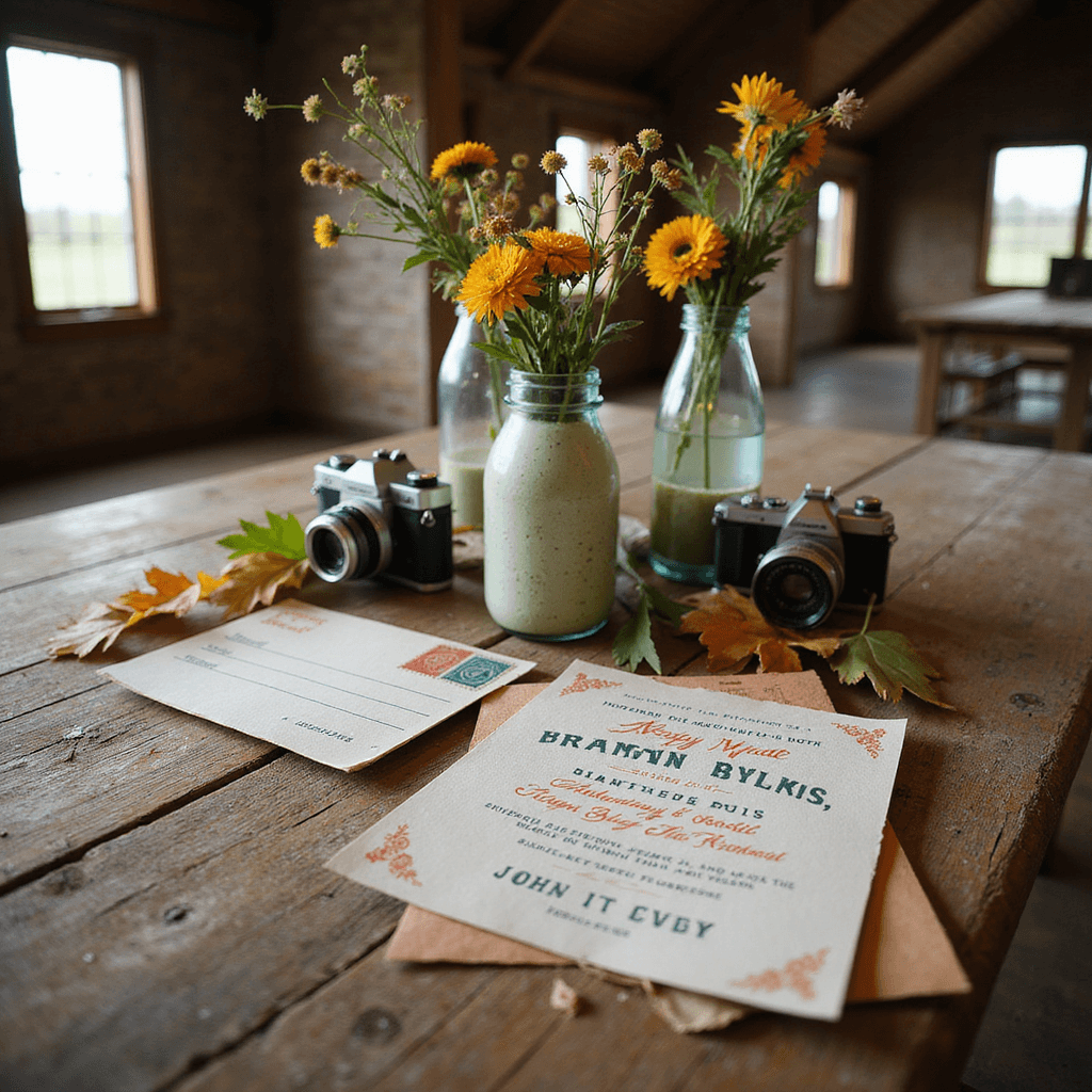 Vintage Wedding Invitations: A Timeless Journey Through Design Eras A sunlit barn wedding setup featuring a weathered wooden farm table with vintage invitations in sage and terracotta, antique milk bottles with wildflowers, vintage cameras, and autumn leaves, under warm natural light.