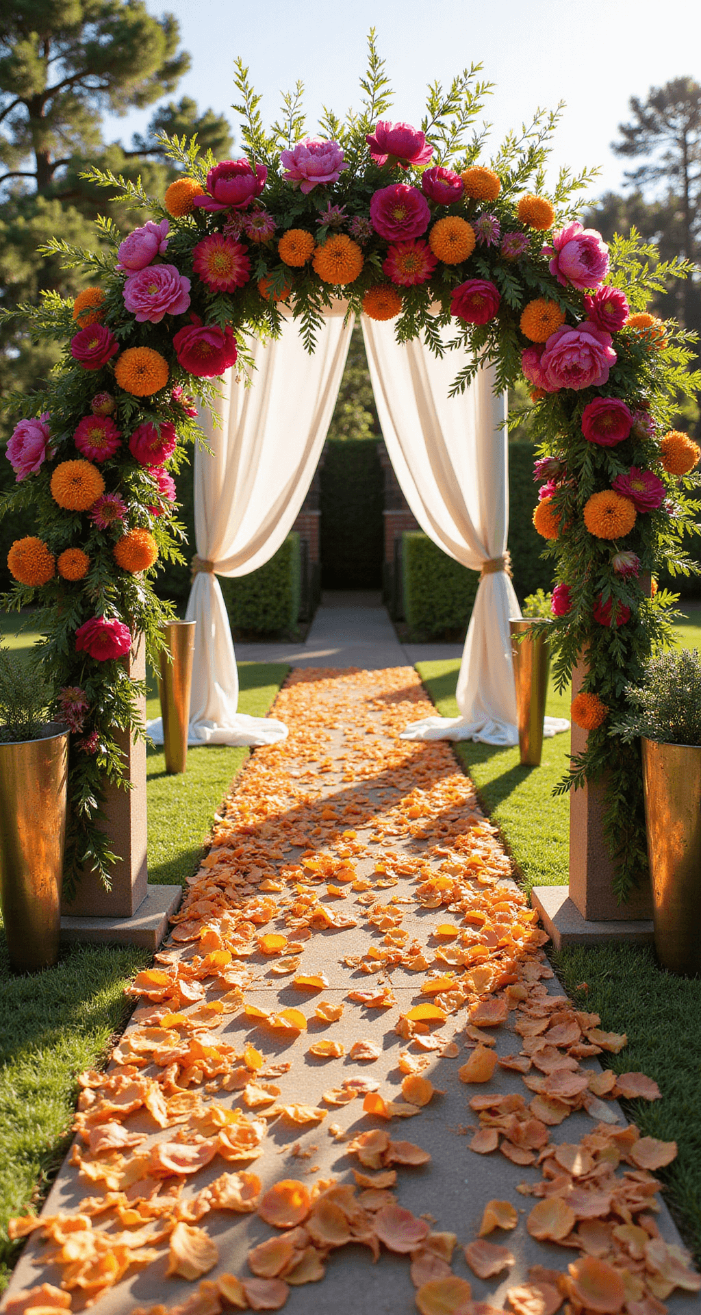 The Ultimate Guide to Vibrant Wedding Flowers: Creating Unforgettable Floral Magic A sunlit garden ceremony setup featuring a vibrant floral arch with fuchsia peonies, tangerine ranunculus, and golden marigolds, flanked by gradient-colored flower petals along the aisle, crystal vases with tropical foliage, and vintage brass and mercury glass accents, all bathed in warm golden hour light.