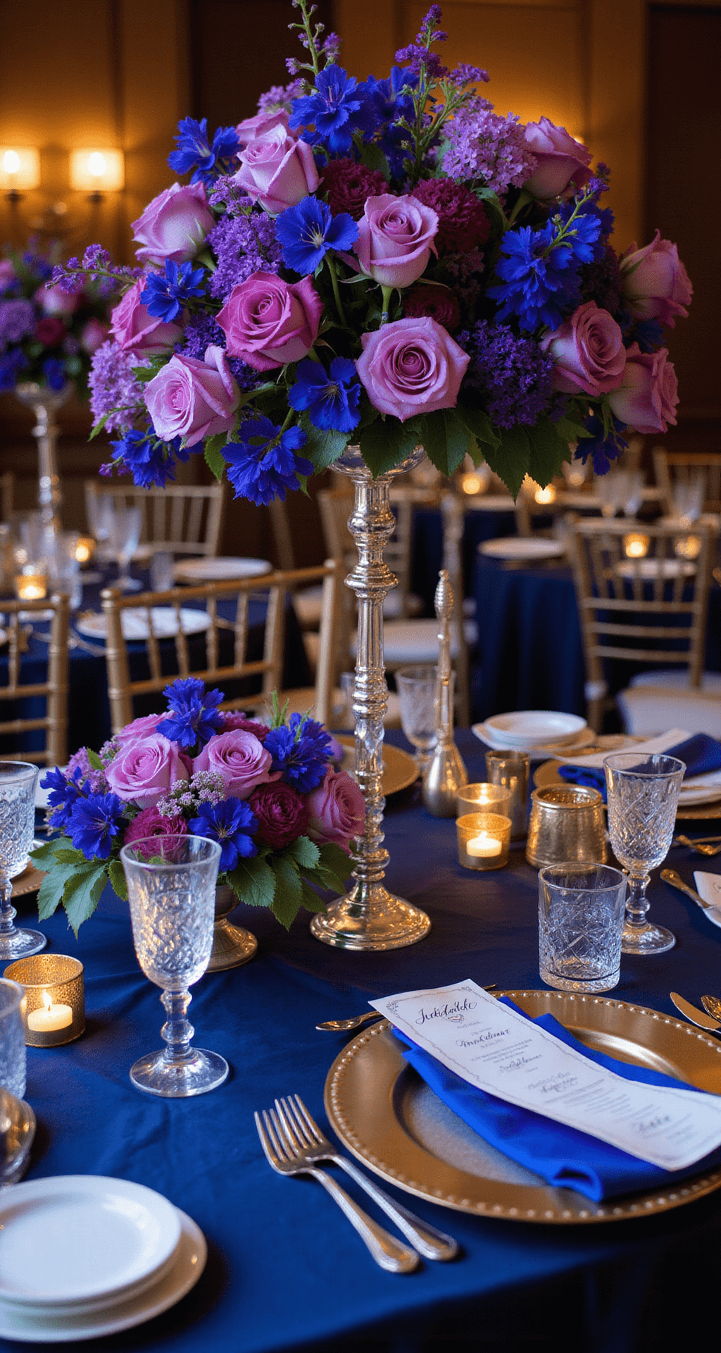 The Ultimate Guide to Vibrant Wedding Flowers: Creating Unforgettable Floral Magic A luxurious tablescape featuring royal purple and cobalt blue florals with garden roses, delphiniums, and orchids, illuminated by crystal candleholders on silk navy linens, complemented by gold-rimmed chargers and modern calligraphy place cards, captured from a 45-degree angle to highlight layered textures.