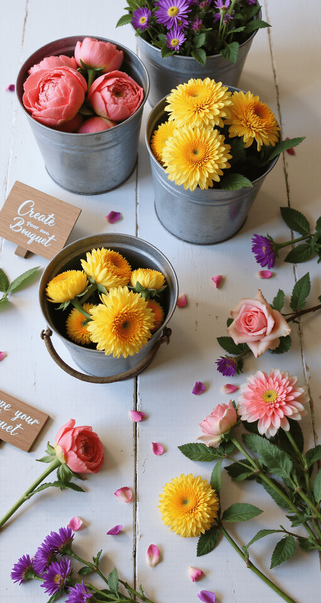 The Ultimate Guide to Vibrant Wedding Flowers: Creating Unforgettable Floral Magic Overhead view of a flower bar station featuring vintage metal buckets filled with colorful seasonal blooms, surrounded by wooden signs guiding guests to create their own bouquets, with scattered petals and greenery on a whitewashed farmhouse table.