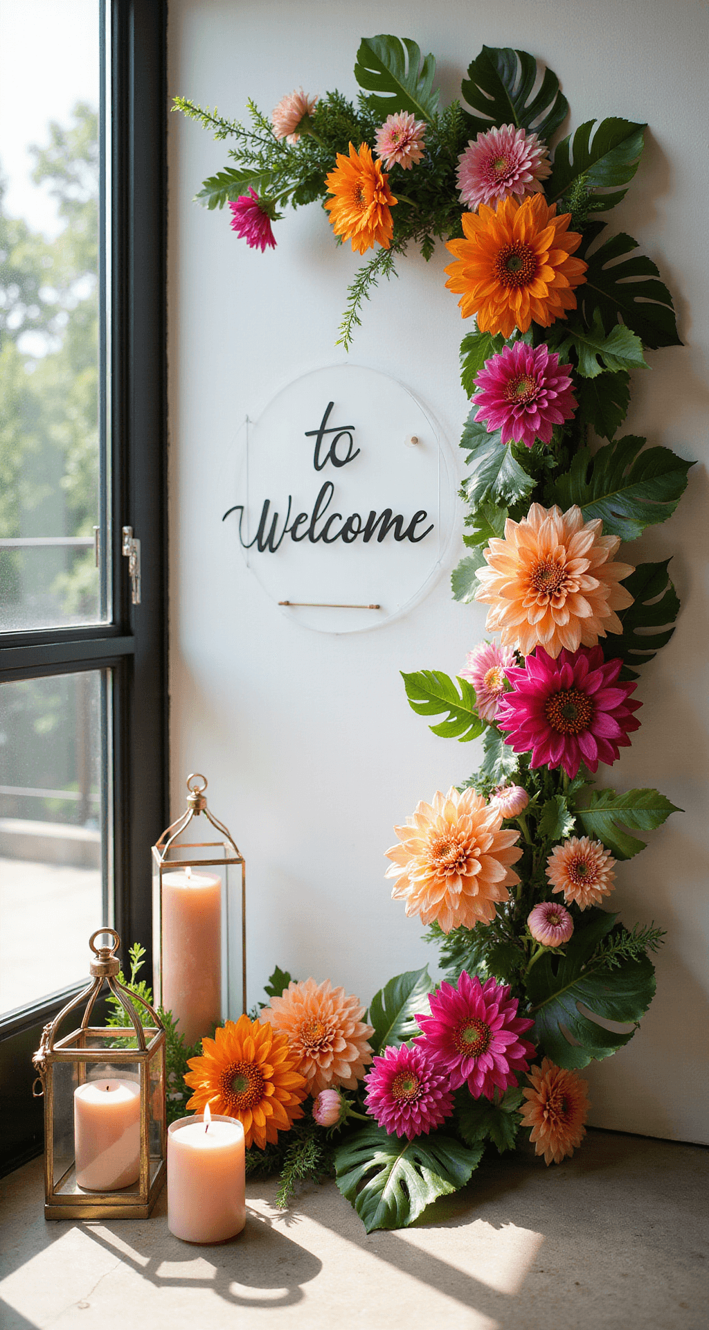 The Ultimate Guide to Vibrant Wedding Flowers: Creating Unforgettable Floral Magic A sunlit corner featuring a modern acrylic welcome sign framed by asymmetrical floral elements, including hot pink dahlias and orange marigolds against tropical monstera leaves, with brass lanterns and blush pillar candles adding warmth at varying heights.
