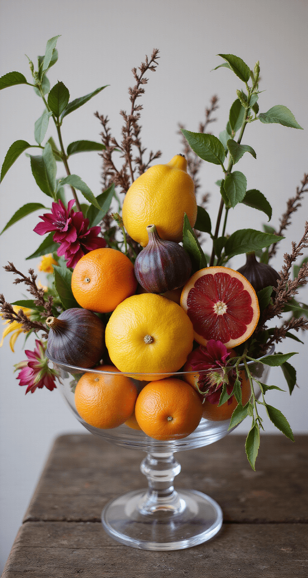 The Ultimate Guide to Vibrant Wedding Flowers: Creating Unforgettable Floral Magic A vibrant centerpiece featuring bright citrus fruits, colorful flowers, trailing jasmine vines, purple artichokes, and burgundy fig branches, captured with a shallow depth of field to emphasize textures and layers.