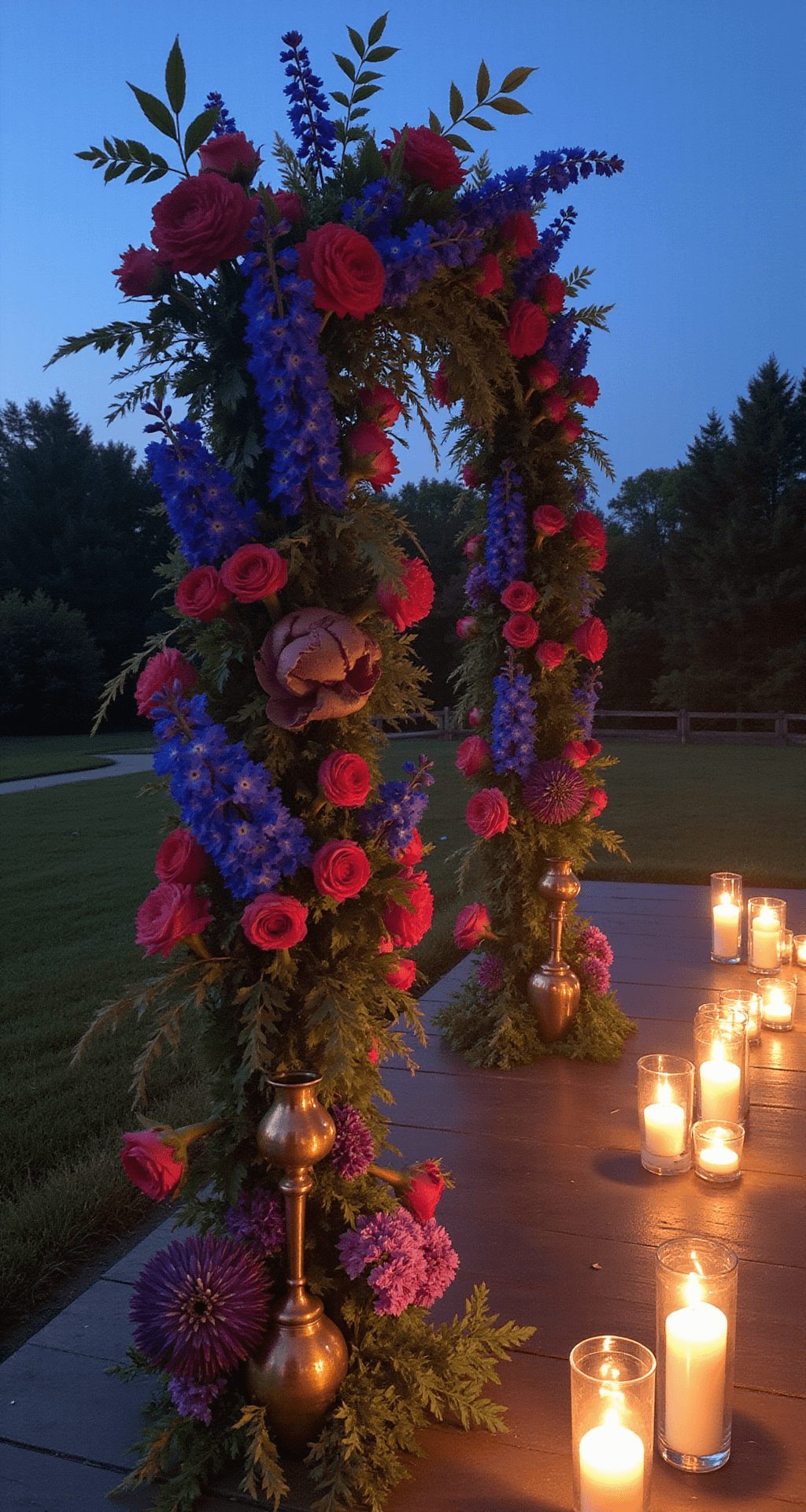 The Ultimate Guide to Vibrant Wedding Flowers: Creating Unforgettable Floral Magic A whimsical twilight ceremony setup with mixed-height floral columns in jewel tones, featuring cobalt delphiniums, magenta peonies, and deep purple dahlias. Vintage brass candlesticks line the aisle, casting a warm glow that reflects off mercury glass vessels, all captured during the serene blue hour.