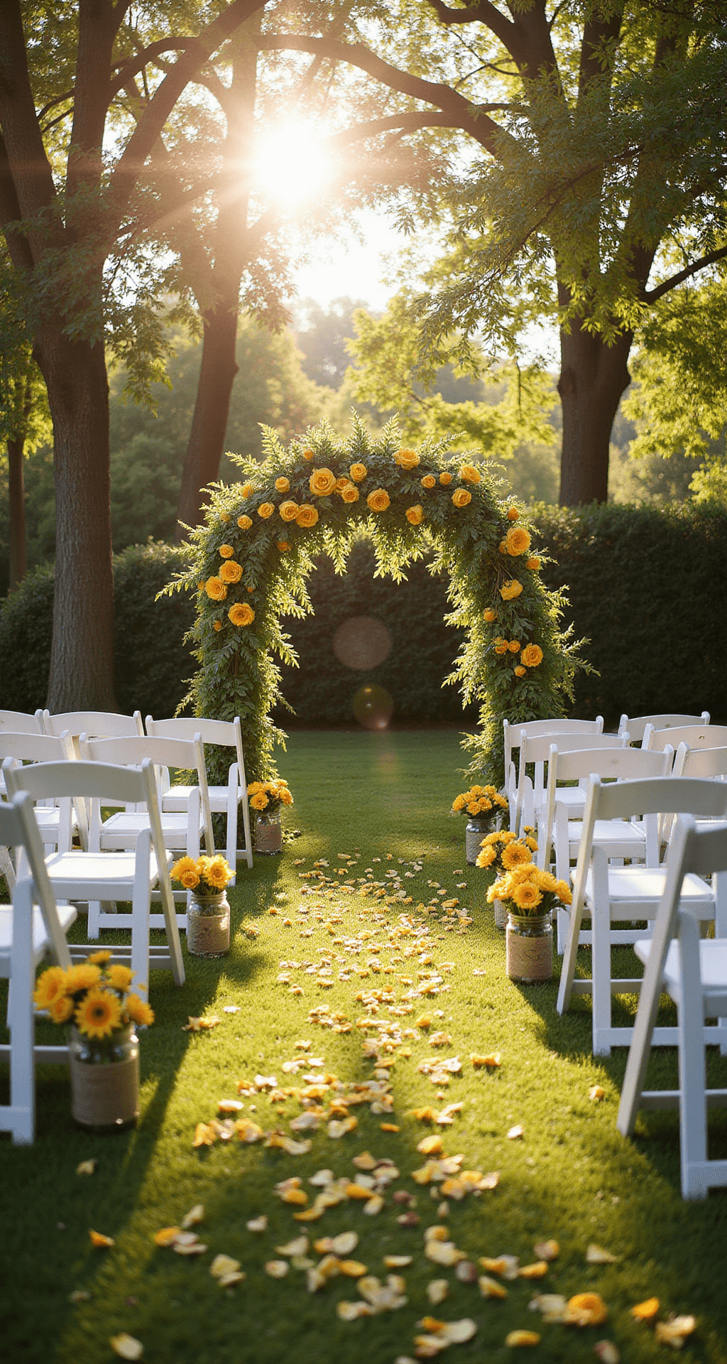 Yellow Wedding Flowers: A Complete Style for Your Perfect Day A sun-drenched garden wedding setup during golden hour, featuring rows of white crossback chairs leading to a floral arch of yellow garden roses and sunflowers, with mason jar aisle markers holding fresh yellow tulips, all beneath a tree canopy casting dappled light on the grass.