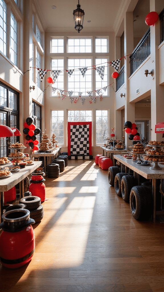 Ultimate Race Car Birthday Party Planning Guide: Rev Up the Celebration! A lively racing-themed party room with checkered flags, balloon arches, race car props, and themed food stations under natural afternoon light.