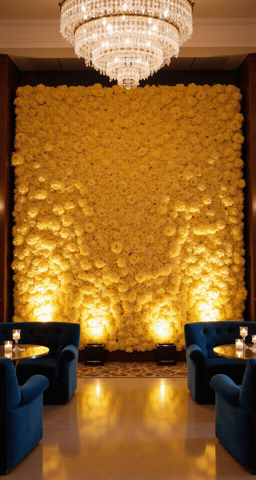 Yellow Wedding Flowers: A Complete Style for Your Perfect Day A grand winter ballroom wedding featuring a dramatic yellow rose and orchid floral wall installation as a backdrop, with deep navy velvet lounge furniture, warm candlelight, mirrored tables, and crystal accents.