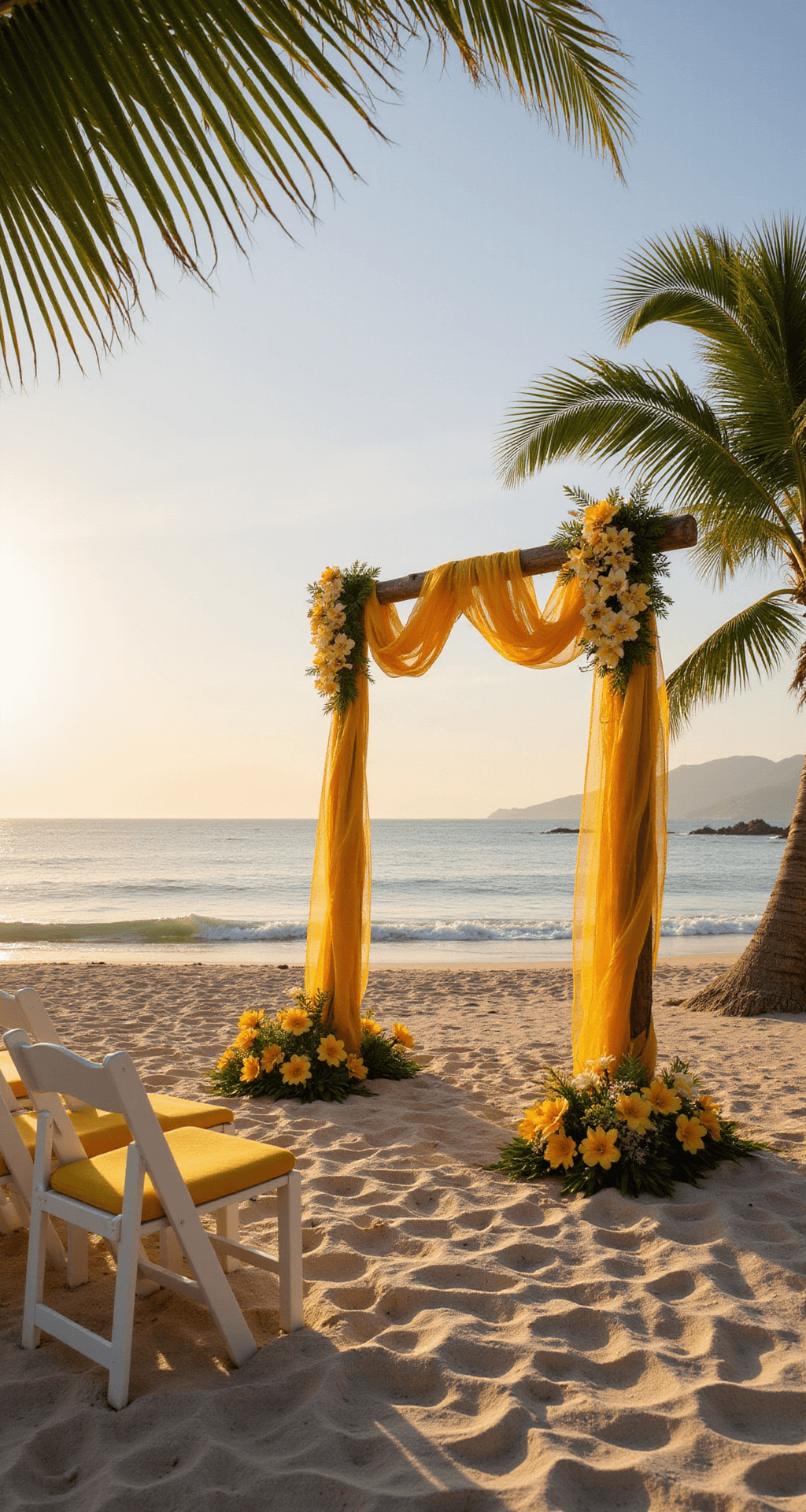 Yellow Wedding Flowers: A Complete Style for Your Perfect Day A summer sunset beach ceremony setup featuring a natural wooden arch adorned with yellow orchids and palm fronds, surrounded by white folding chairs with yellow cushions, all bathed in the warm glow of golden hour.