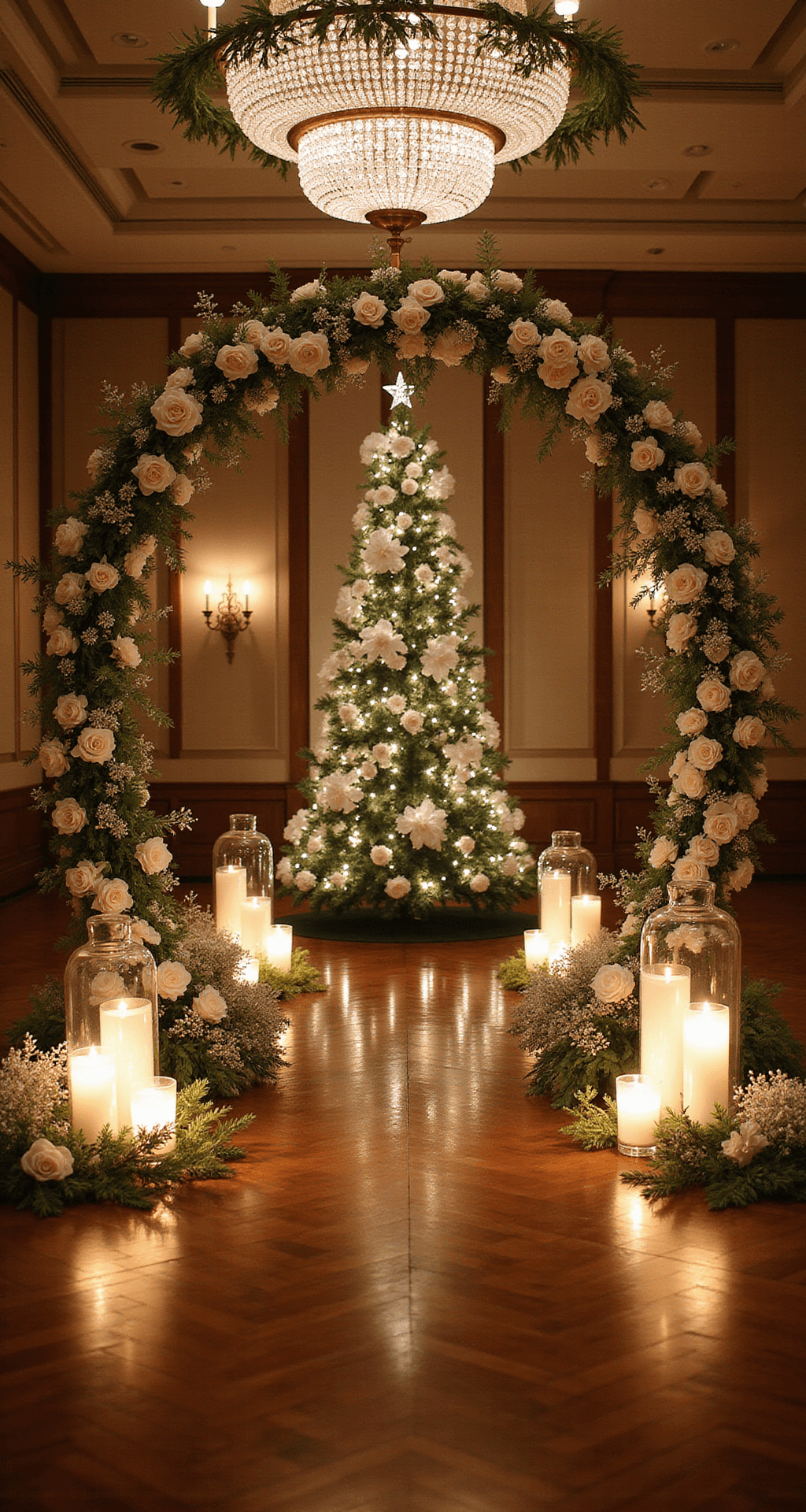 Christmas Wedding Flowers Photorealistic wide-angle view of an elegant ballroom wedding ceremony featuring a tall Christmas tree with white orchids and crystal ornaments, alongside a floral arch of red roses and white lilies, illuminated by ambient candlelight and adorned with frosted glass hurricanes and vintage chandeliers.