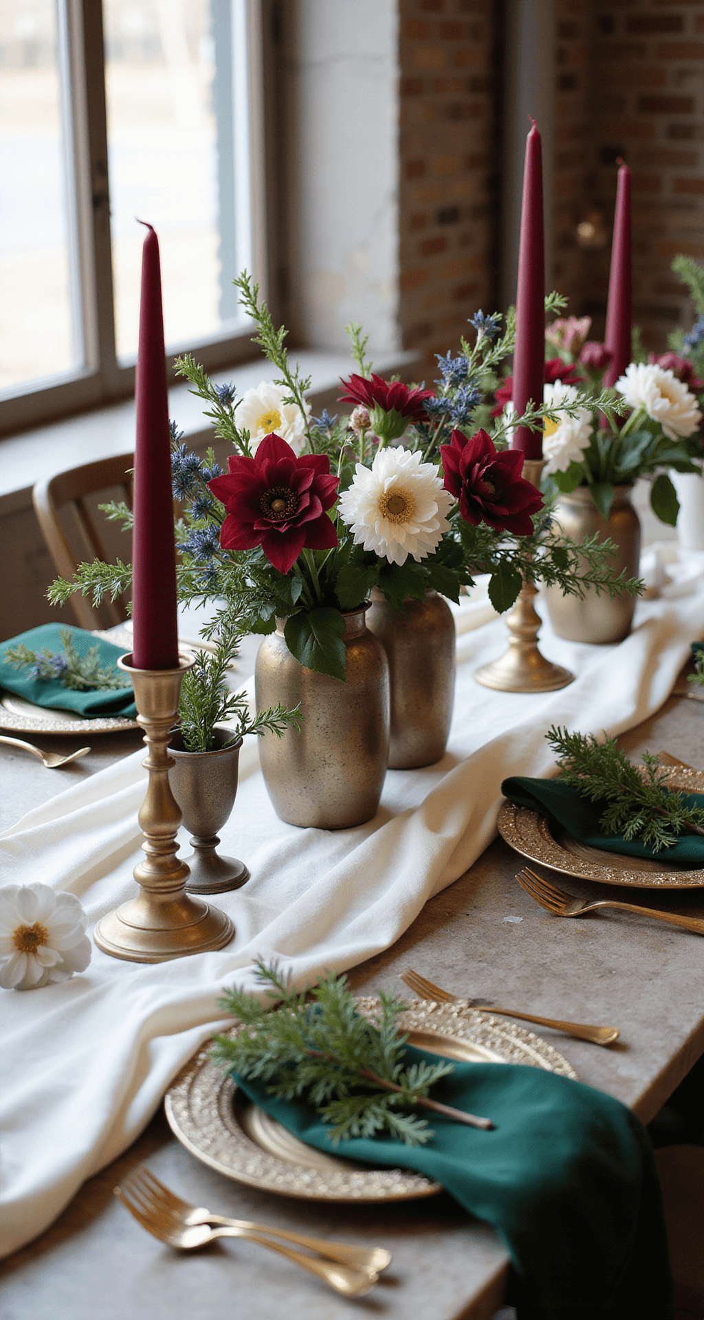 Christmas Wedding Flowers Intimate table setting featuring an antique marble table with a luxurious ivory silk runner, adorned with mercury glass vases of burgundy amaryllis, white ranunculus, and blue thistle, metallic branches, vintage brass candlesticks with red taper candles, gold-rimmed chargers, velvet green napkins, and sprigs of mistletoe, all illuminated by natural window light.