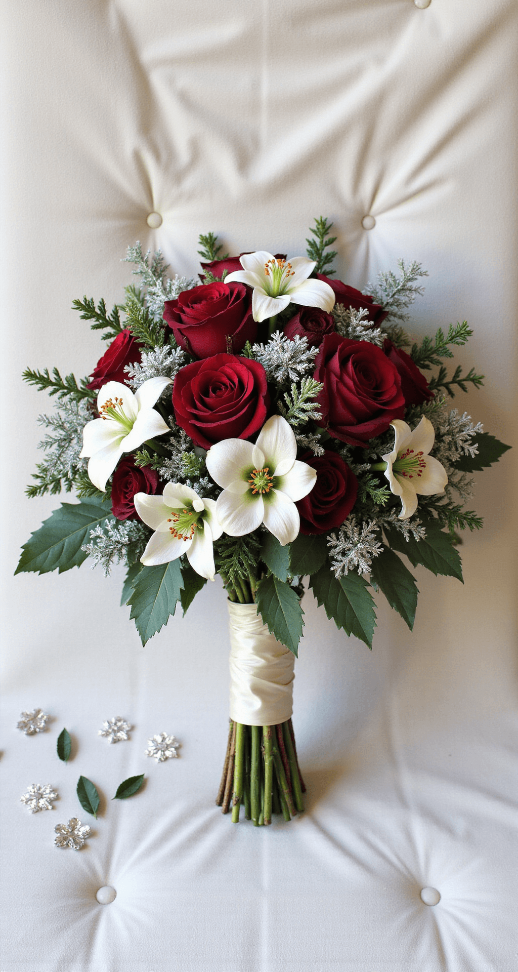 Christmas Wedding Flowers Overhead flat lay of a lush bridal bouquet featuring deep red garden roses, white lilies, and black anemones, complemented by silver brunia balls, pine sprigs, and frosted eucalyptus. The bouquet is hand-tied with ivory and deep emerald green silk ribbon, surrounded by scattered holly berries and crystal snowflake ornaments on a white velvet backdrop.