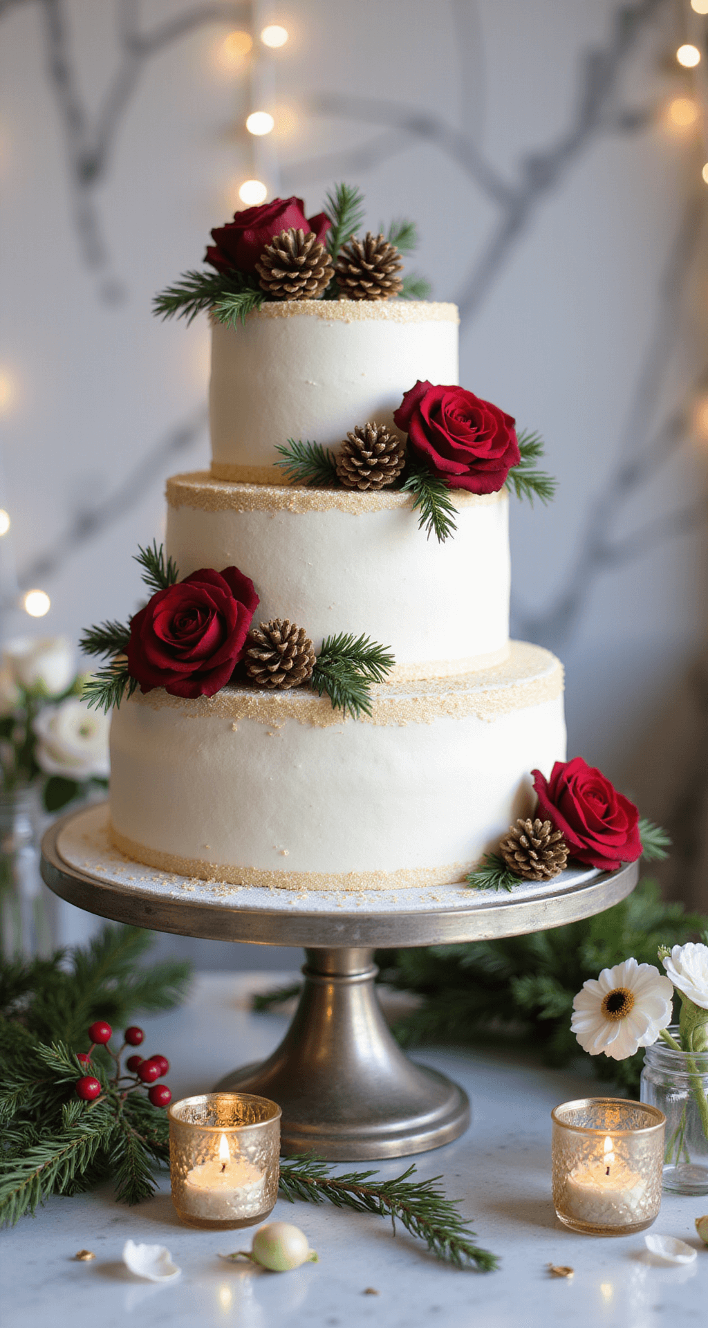Christmas Wedding Flowers Close-up of a winter wedding dessert display featuring a three-tiered white cake adorned with fresh red roses and gold-dusted pine cones on an antique silver cake stand, surrounded by mercury glass votives, holly berries, and delicate white ranunculus and anemones in crystal bud vases, all against a marble backdrop draped in fairy lights creating a soft bokeh effect.