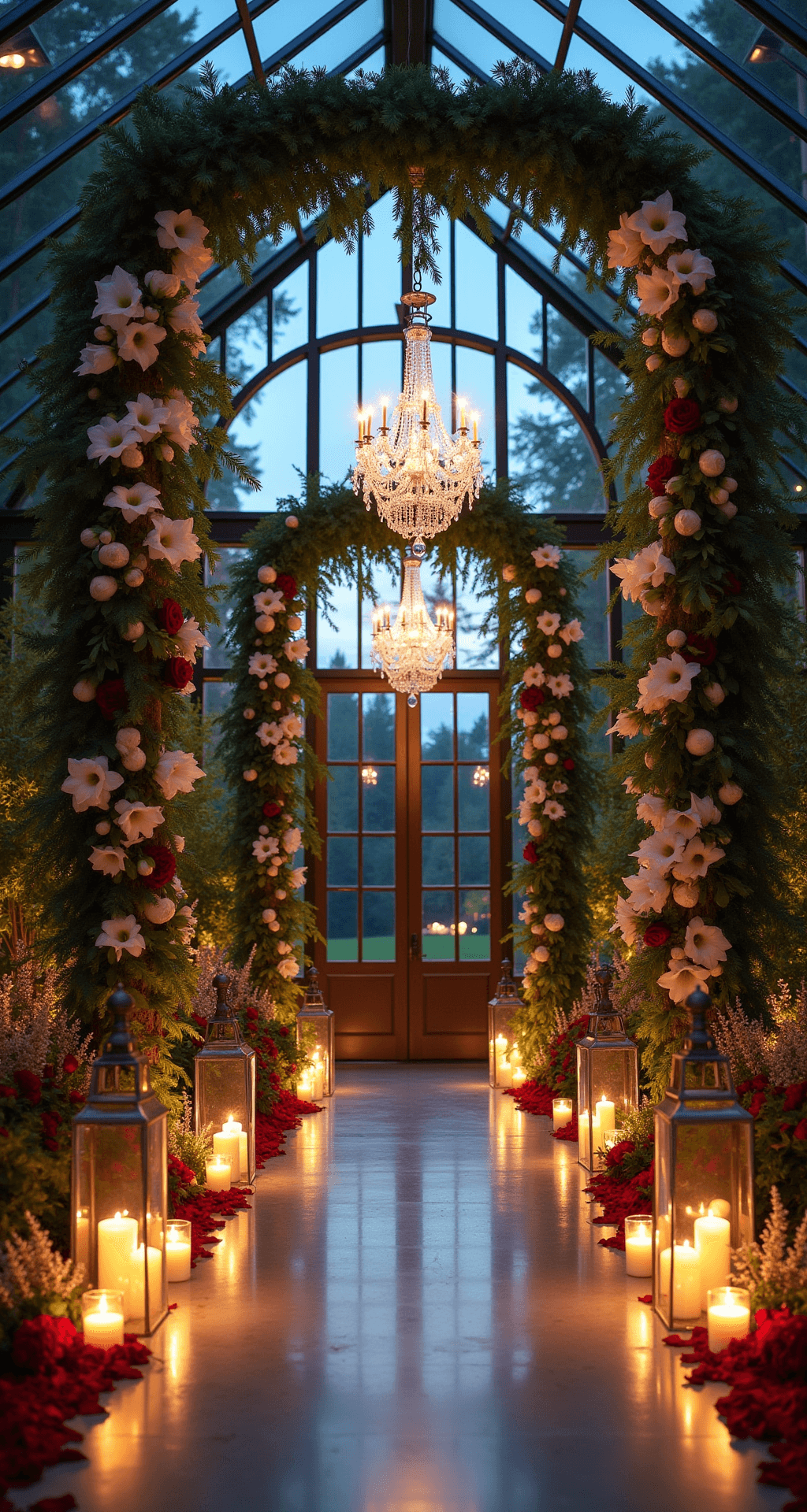 Christmas Wedding Flowers Dramatic reception entrance featuring glass conservatory doors framed by floral installations of white lilies and burgundy amaryllis, with a path lined by oversized glass lanterns and surrounded by red roses and silver brunia, all under suspended crystal chandeliers draped with pine garlands.