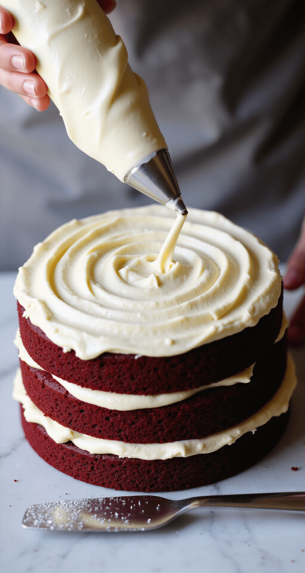 Red Velvet White Chocolate Dream Cake A close-up of three layers of deep crimson red velvet cake being decorated with silky white chocolate buttercream, accented by edible silver glitter, on a marble countertop with a piping bag and spatula nearby.