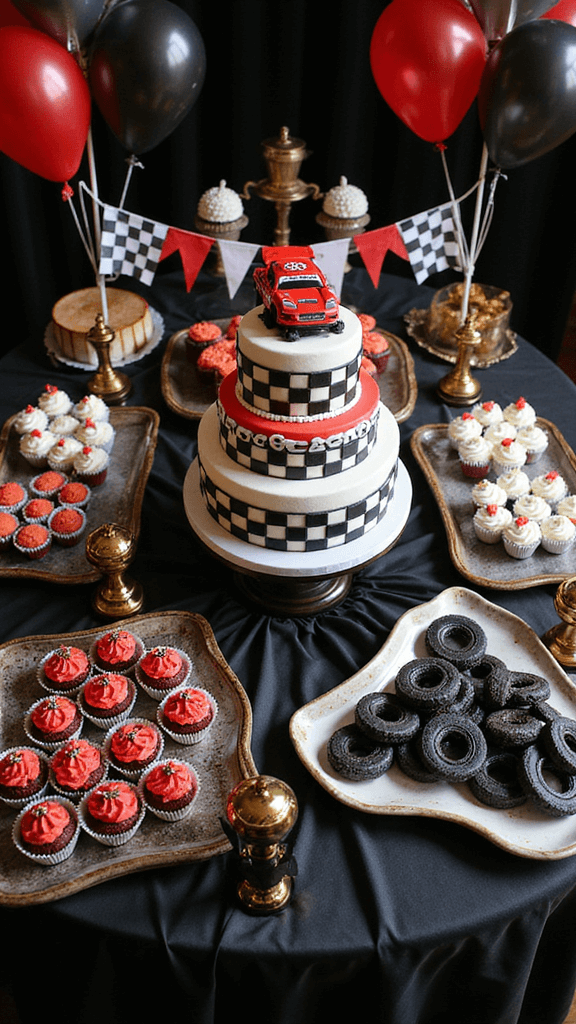 Ultimate Race Car Birthday Party Planning Guide: Rev Up the Celebration! Overhead view of a marble dessert table styled as 'Victory Lane', featuring a 3-tier race car cake, red velvet cupcakes with tire toppers, and trophy-shaped cake pops, framed by racing flags and metallic balloons.