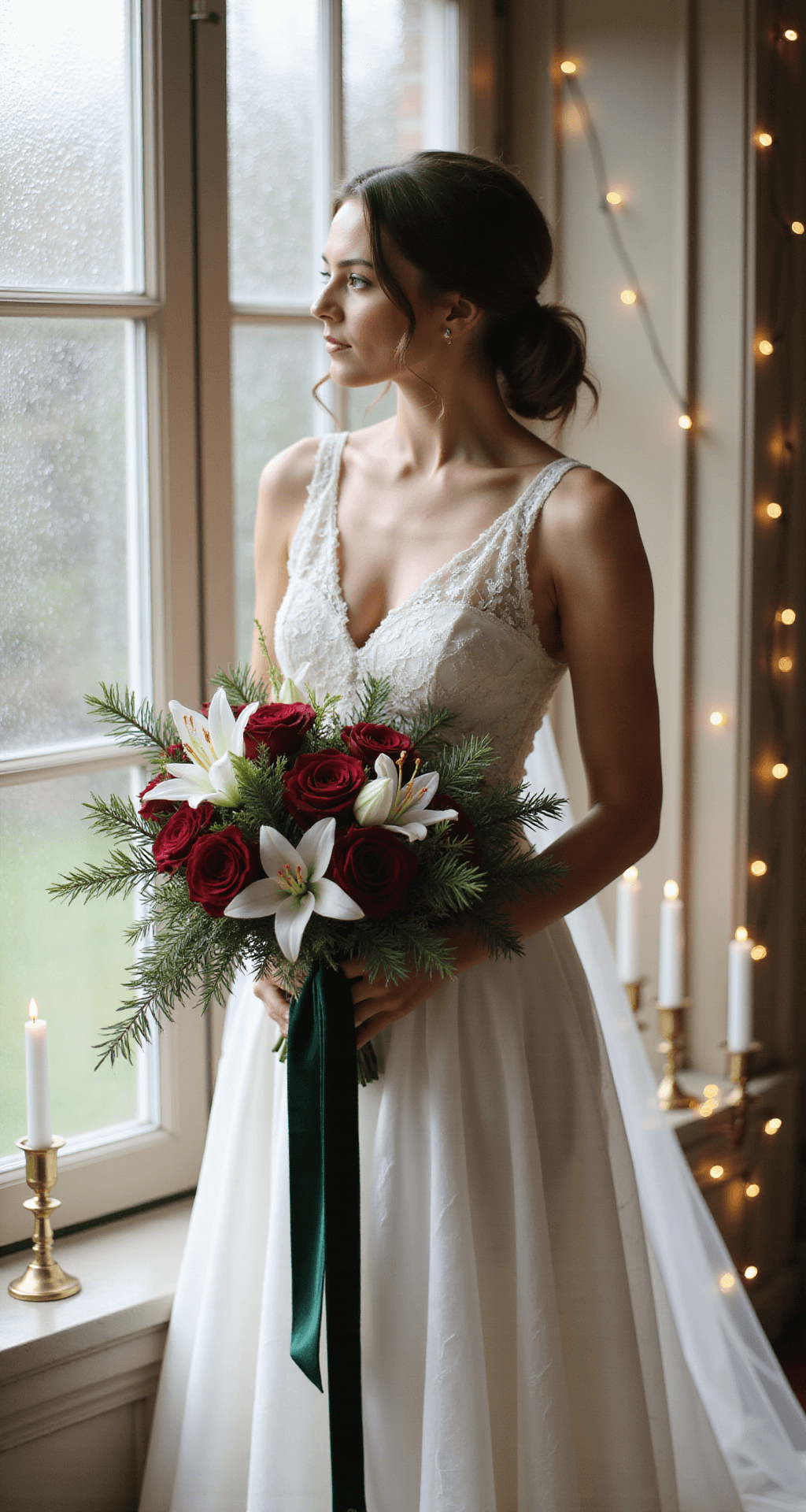 Christmas Wedding Flowers Bride holding a bouquet of deep red roses and white lilies in natural window light, wearing an ivory lace gown. The cascade arrangement includes pine branches and silver brunia, finished with a trailing forest green velvet ribbon. The backdrop features frosted window panes and fairy lights creating a dreamy bokeh effect, with modern brass candle holders and white taper candles framing the scene.