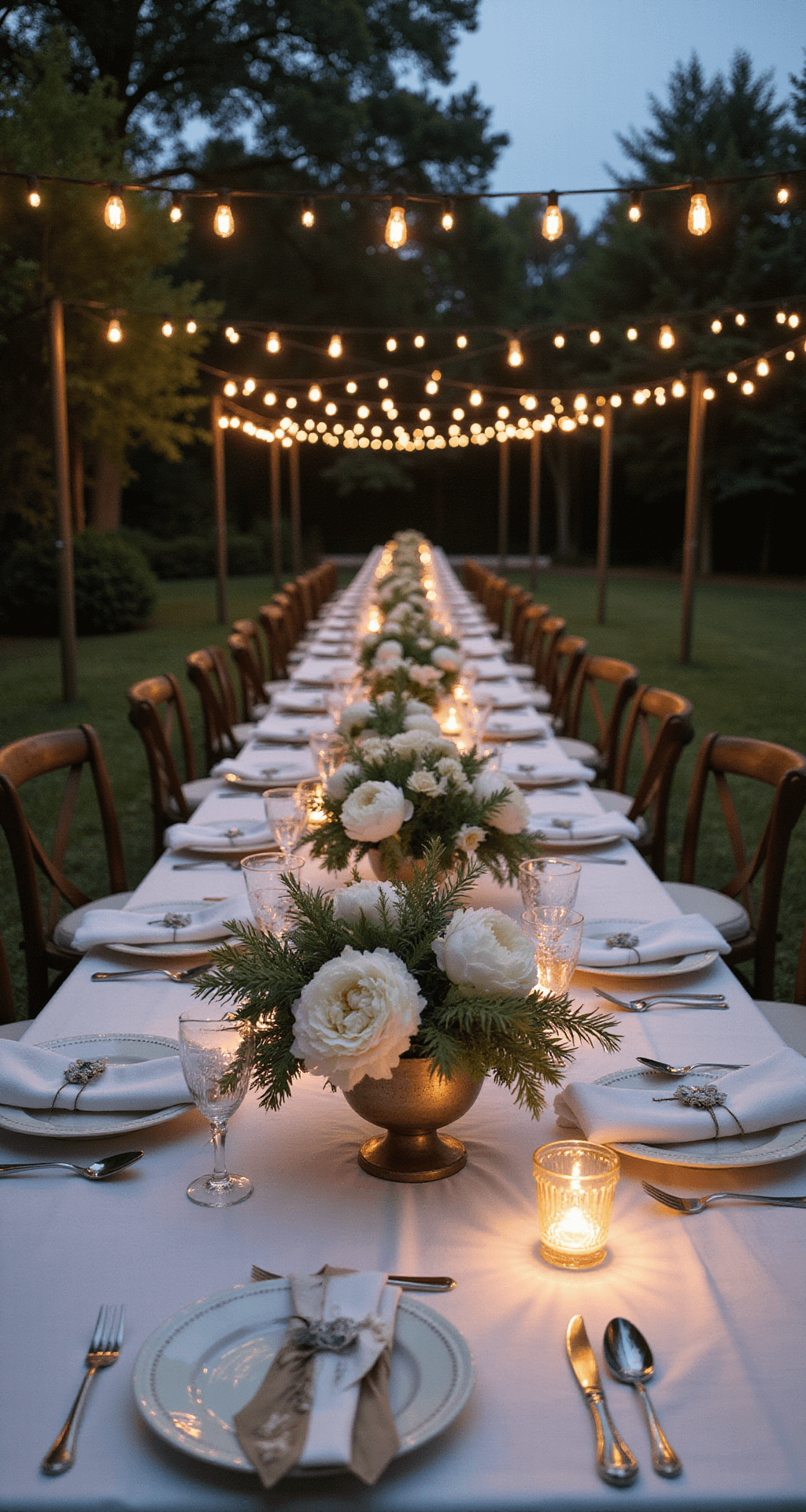 White Wedding Flowers: A Complete Guide to Timeless Elegance An intimate garden reception at twilight with Edison bulbs overhead, long farm tables adorned with white linens and vintage milk glass centerpieces of peonies, ranunculus, and anemones, surrounded by flickering silver mercury glass votives and antique silverware, captured from an elevated angle.
