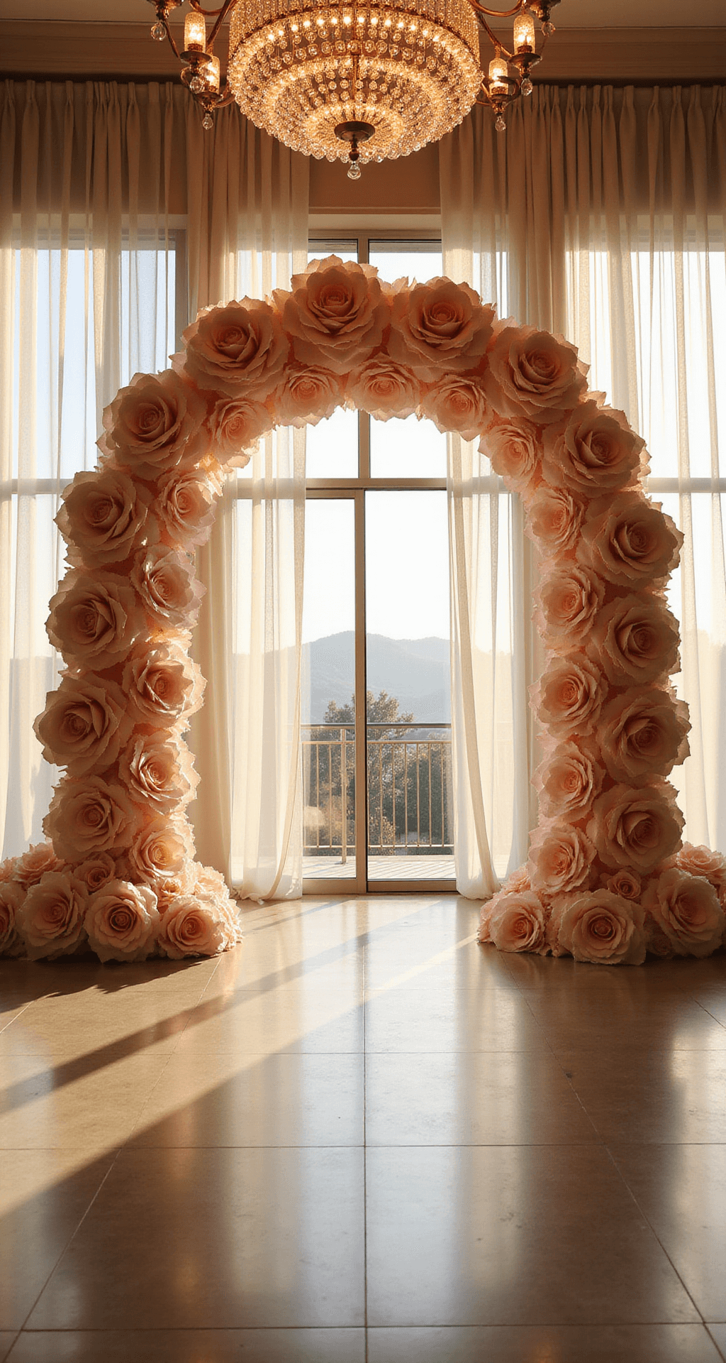 Transform Your Wedding with Giant Flowers: A Complete Guide to Show-Stopping Decor A grand wedding ceremony backdrop with an 8-foot blush pink and ivory paper rose installation, illuminated by golden hour sunlight through tall windows, framed by sheer white draping and sparkling crystal chandeliers.